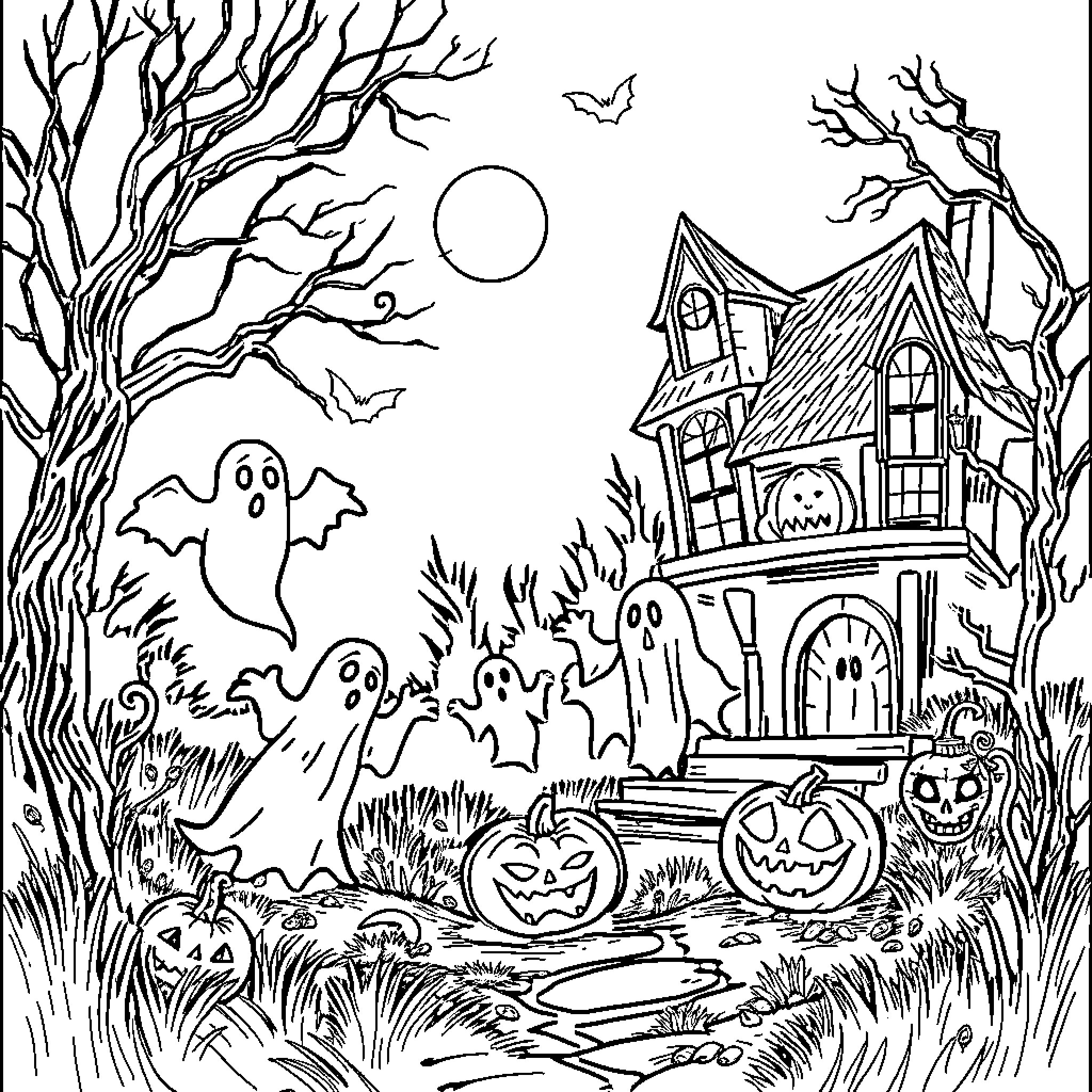 Halloween spooky house and ghosts in the haunted forest Coloring Page (free black-and-white line drawing printable PDF for all, from beginners to advanced learners, including children, teens, adults, and seniors)
