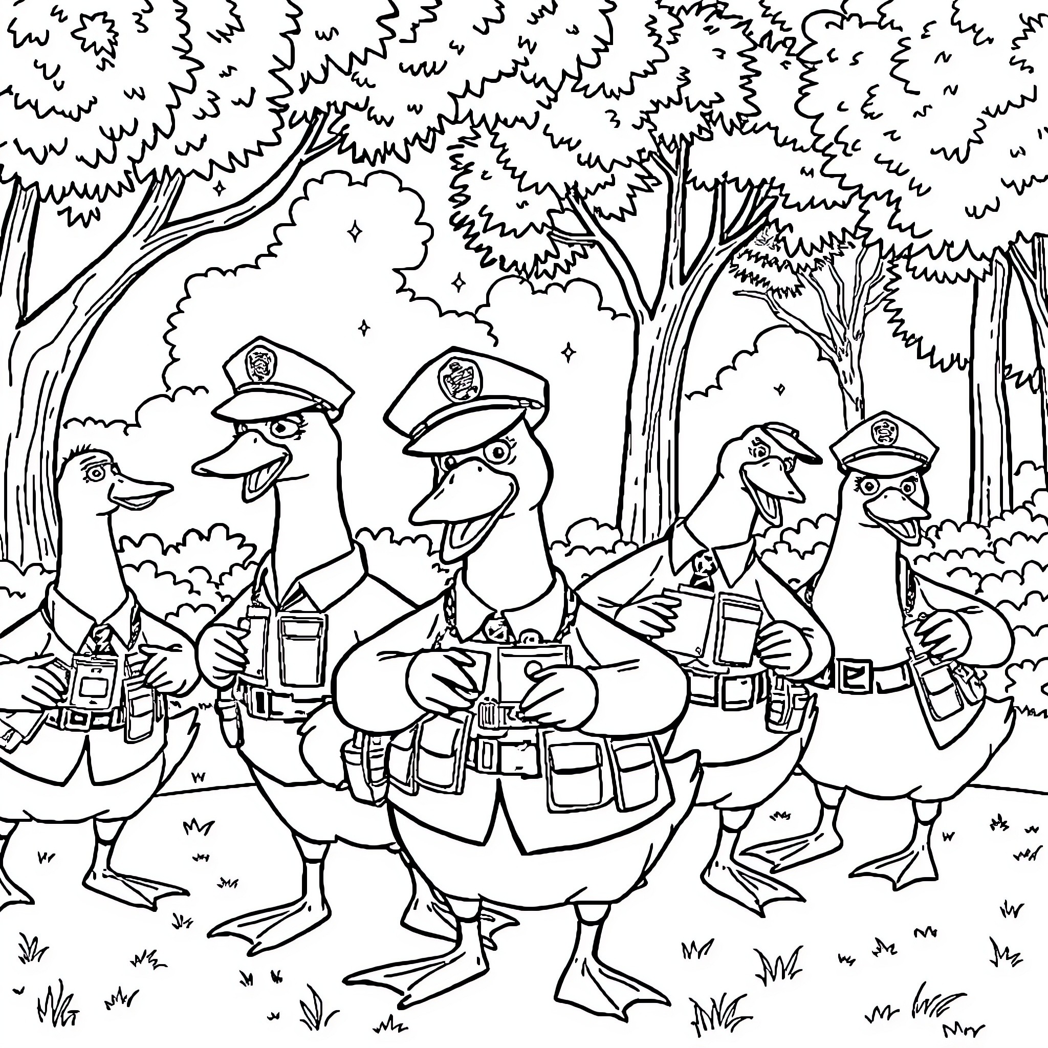 Goose police officers on patrol in the forest Coloring Page (free black-and-white line drawing printable PDF for all, from beginners to advanced learners, including children, teens, adults, and seniors)