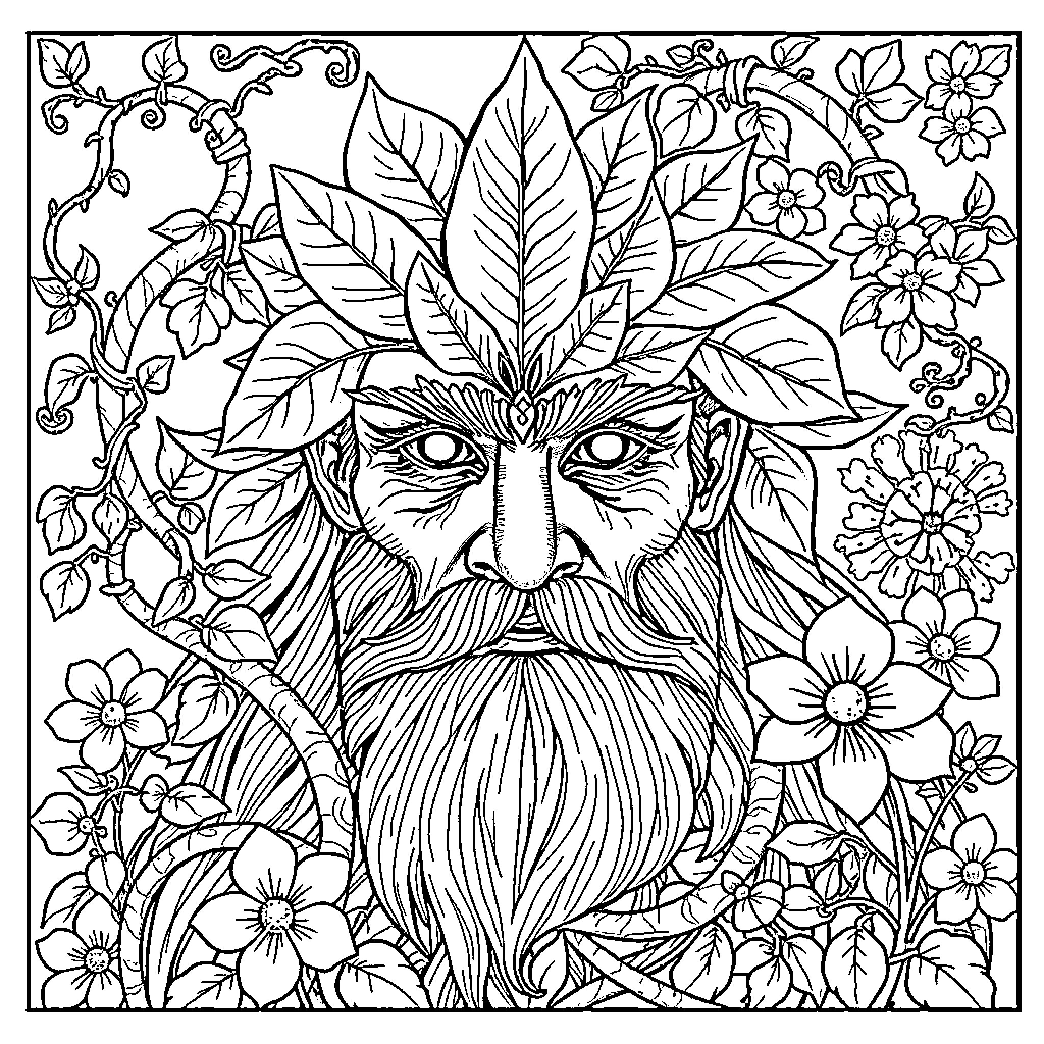 Greenman surrounded by lush botanical elements Coloring Page (free black-and-white line drawing printable PDF for all, from beginners to advanced learners, including children, teens, adults, and seniors)