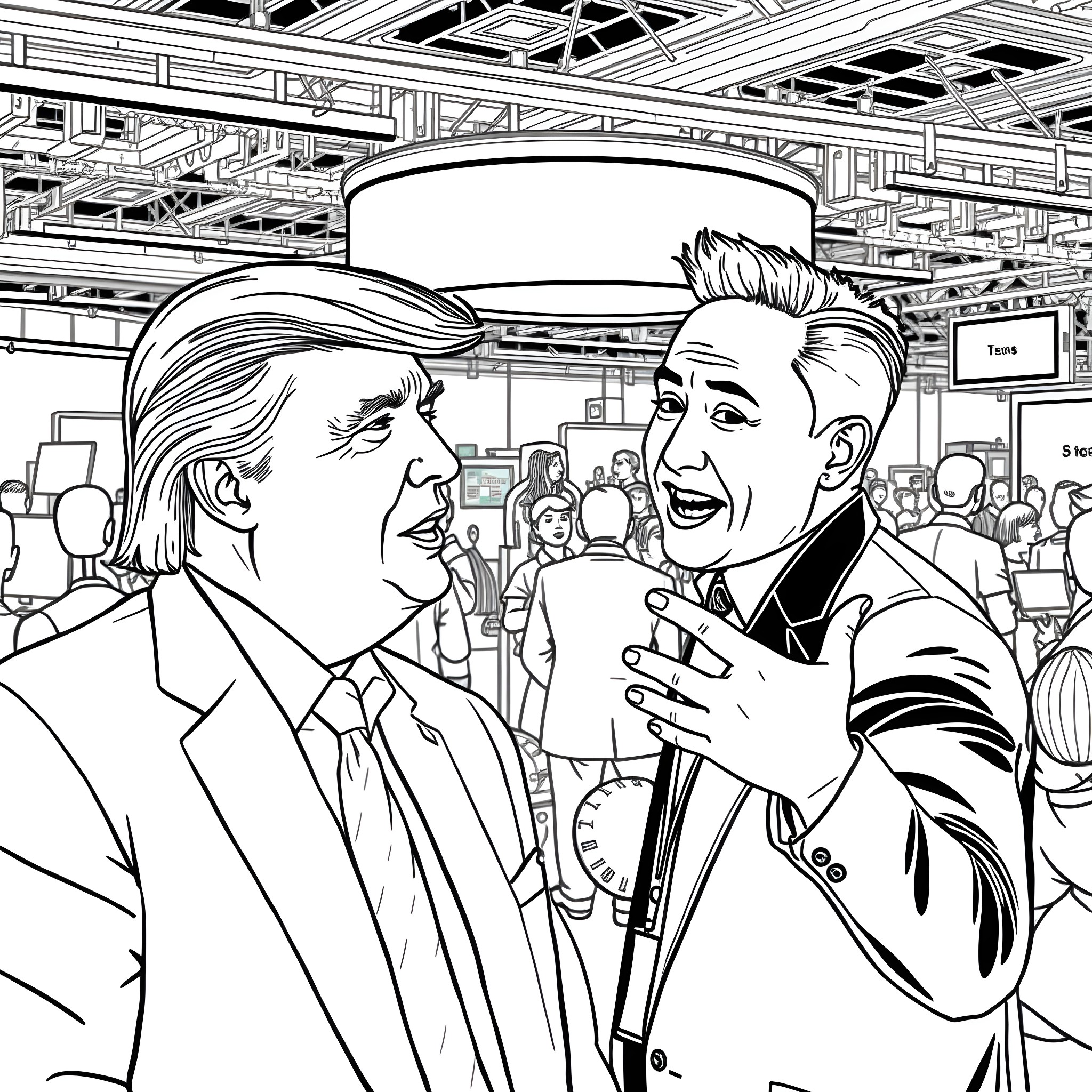 Trump and businessman sharing a jovial conversation Coloring Page (free black-and-white line drawing printable PDF for all, from beginners to advanced learners, including children, teens, adults, and seniors)