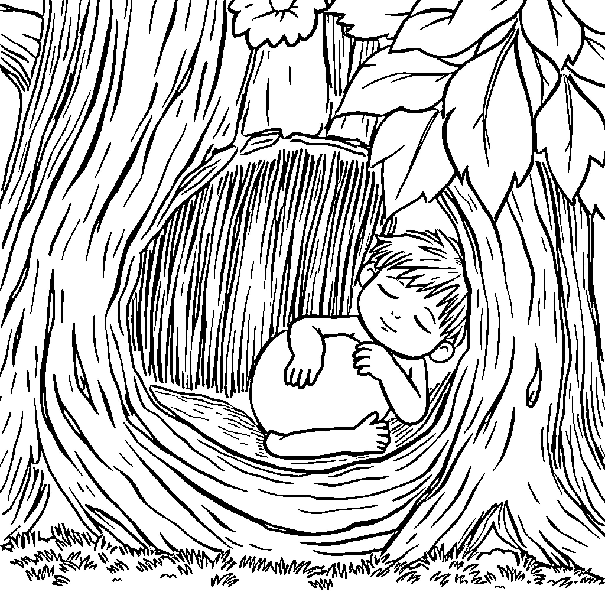 Boy resting peacefully in a cozy nook Coloring Page (free black-and-white line drawing printable PDF for all, from beginners to advanced learners, including children, teens, adults, and seniors)