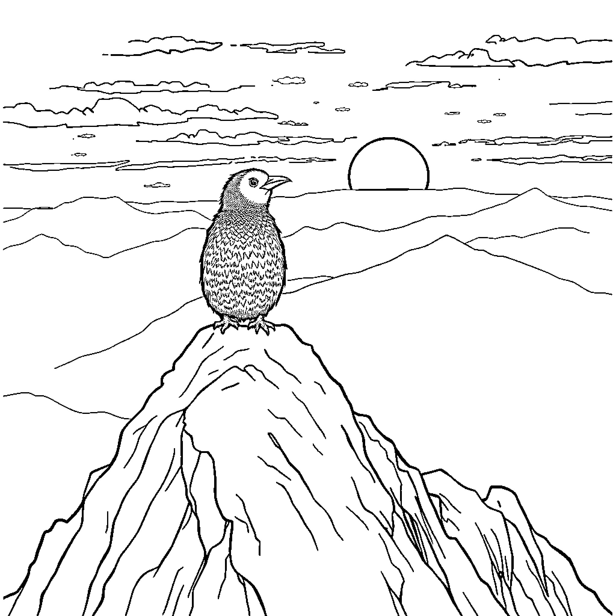 Marmot overlooking mountainous landscape at sunset Coloring Page (free black-and-white line drawing printable PDF for all, from beginners to advanced learners, including children, teens, adults, and seniors)