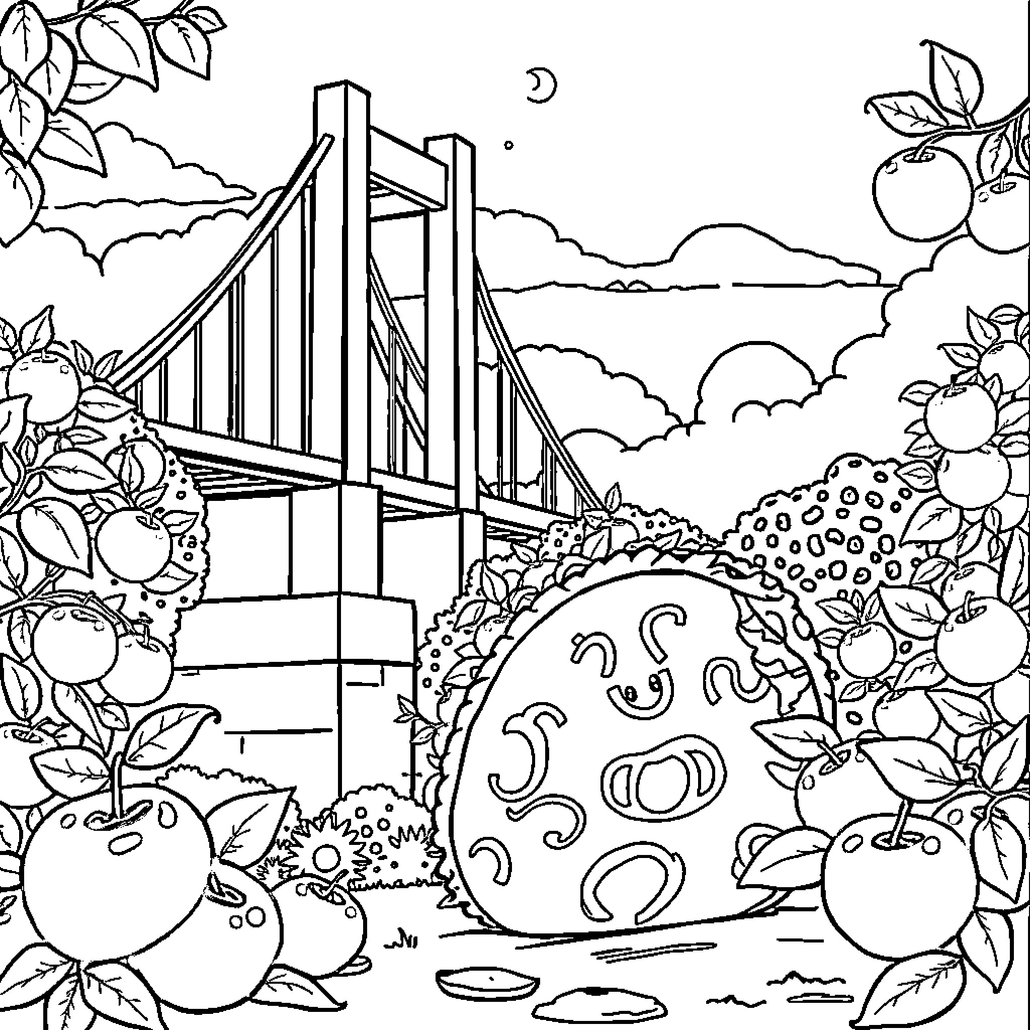 Taco Night Bridge Adventure Coloring Page (free black-and-white line drawing printable PDF for all, from beginners to advanced learners, including children, teens, adults, and seniors)