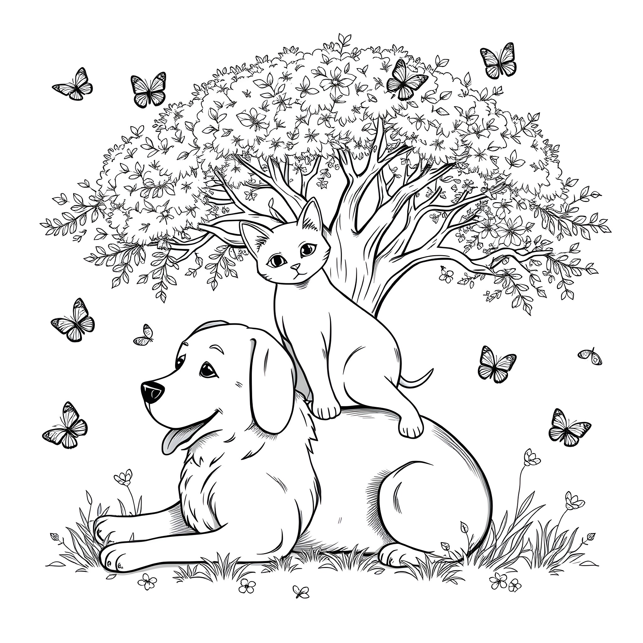 Cat and dog resting under a tree with butterflies Coloring Page (free black-and-white line drawing printable PDF for all, from beginners to advanced learners, including children, teens, adults, and seniors)