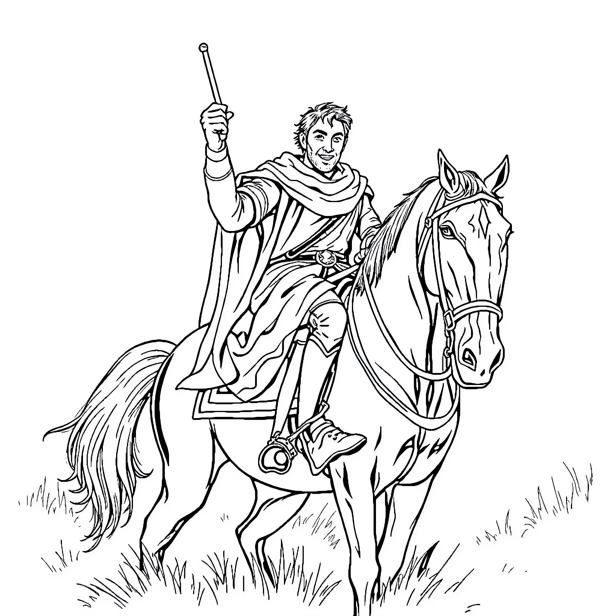 Tobias Forge on Horseback in Action Pose Coloring Page (free black-and-white line drawing printable PDF for all, from beginners to advanced learners, including children, teens, adults, and seniors)
