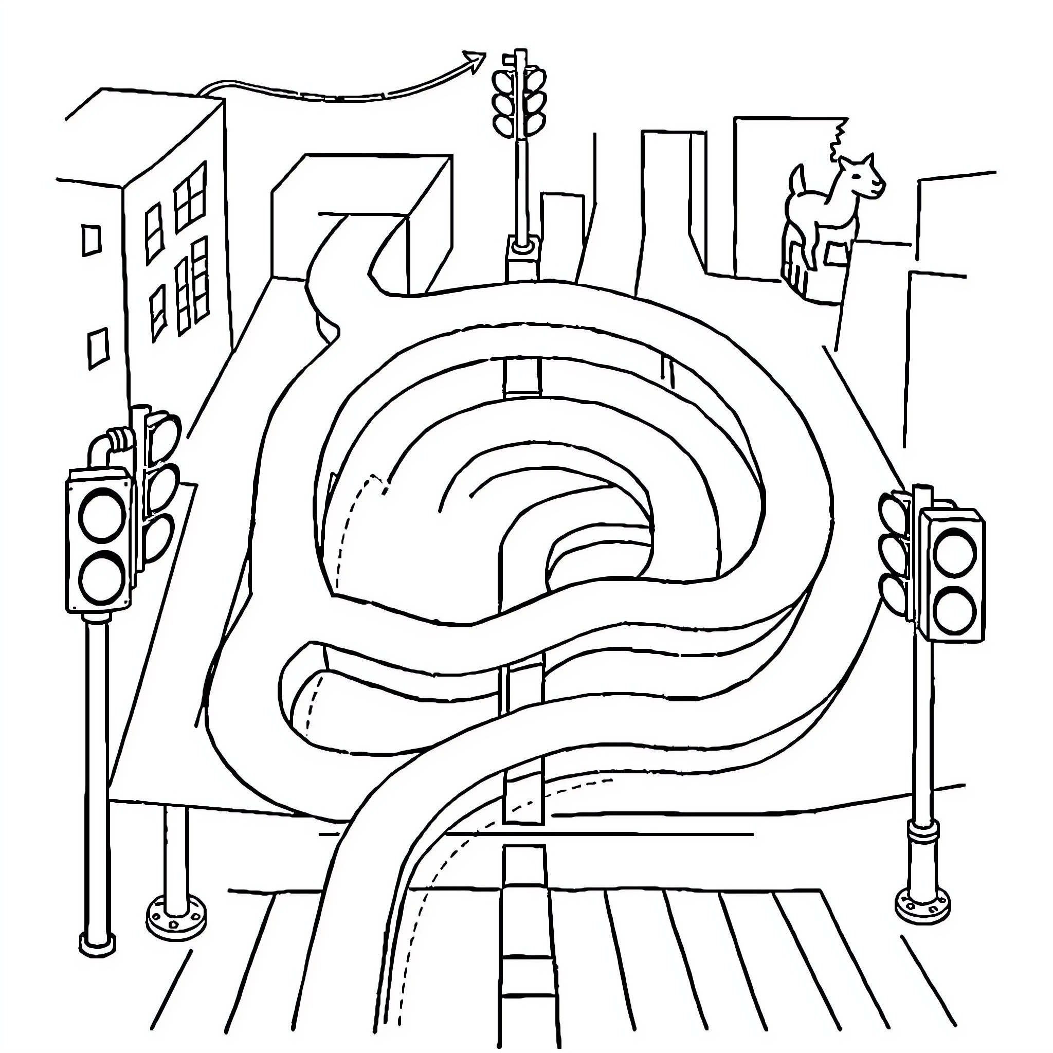 Maze of Winding City Streets Coloring Page (free black-and-white line drawing printable PDF for all, from beginners to advanced learners, including children, teens, adults, and seniors)
