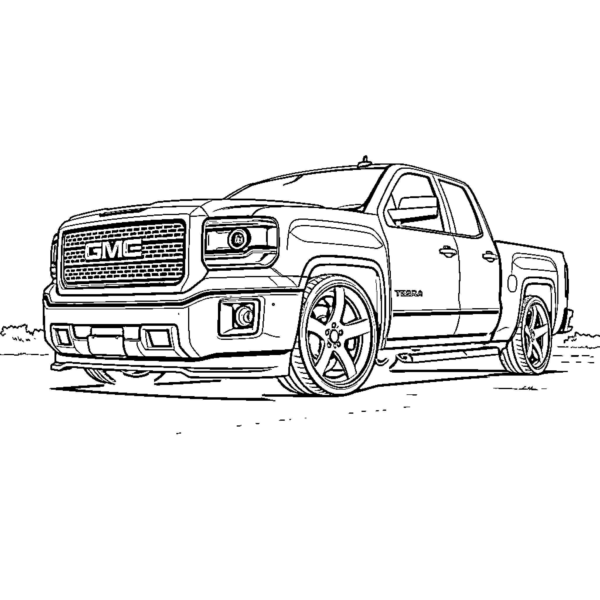 GMC Sierra Pickup Truck in Detailed Sketch Coloring Page (free black-and-white line drawing printable PDF for all, from beginners to advanced learners, including children, teens, adults, and seniors)