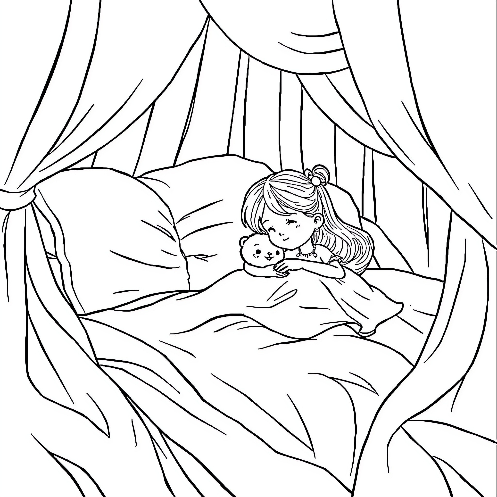 Girl sleeping peacefully with her stuffed toy Coloring Page (free black-and-white line drawing printable PDF for all, from beginners to advanced learners, including children, teens, adults, and seniors)