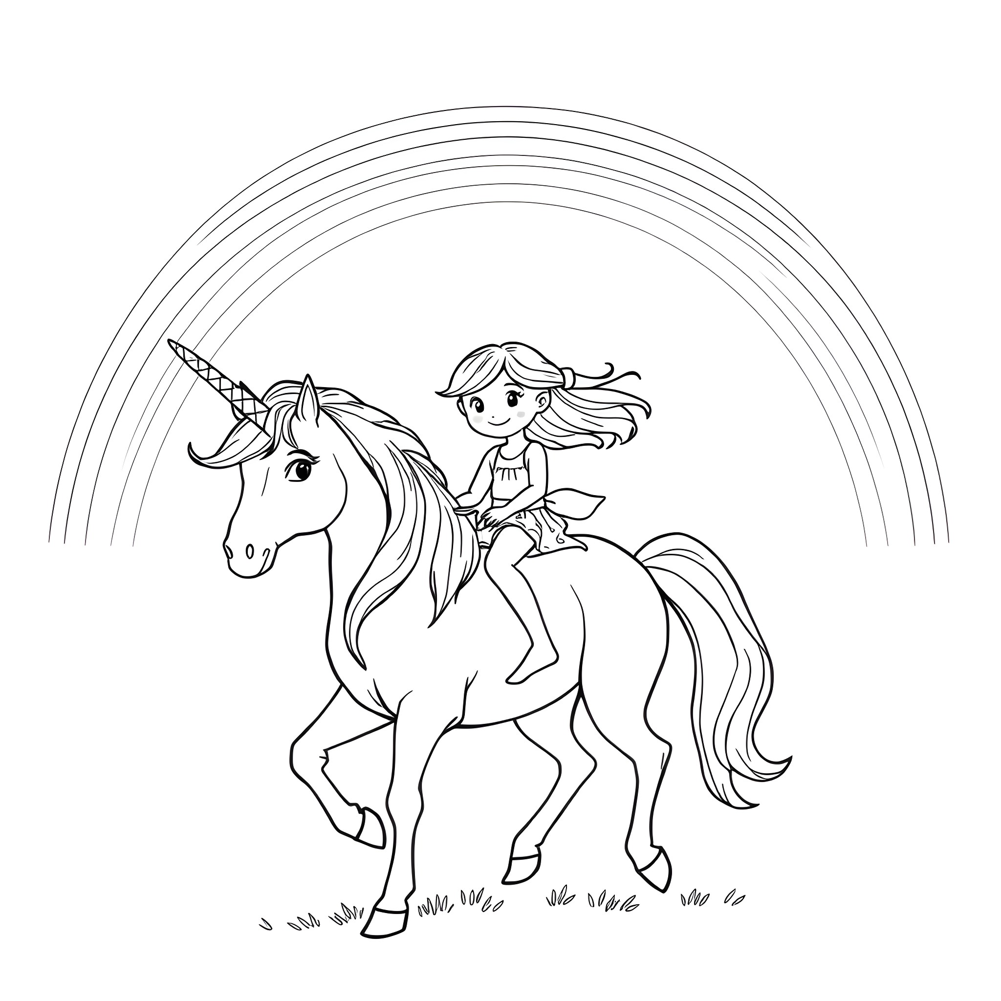Unicorn and Girl Riding Through Magical Landscape Coloring Page (free black-and-white line drawing printable PDF for all, from beginners to advanced learners, including children, teens, adults, and seniors)