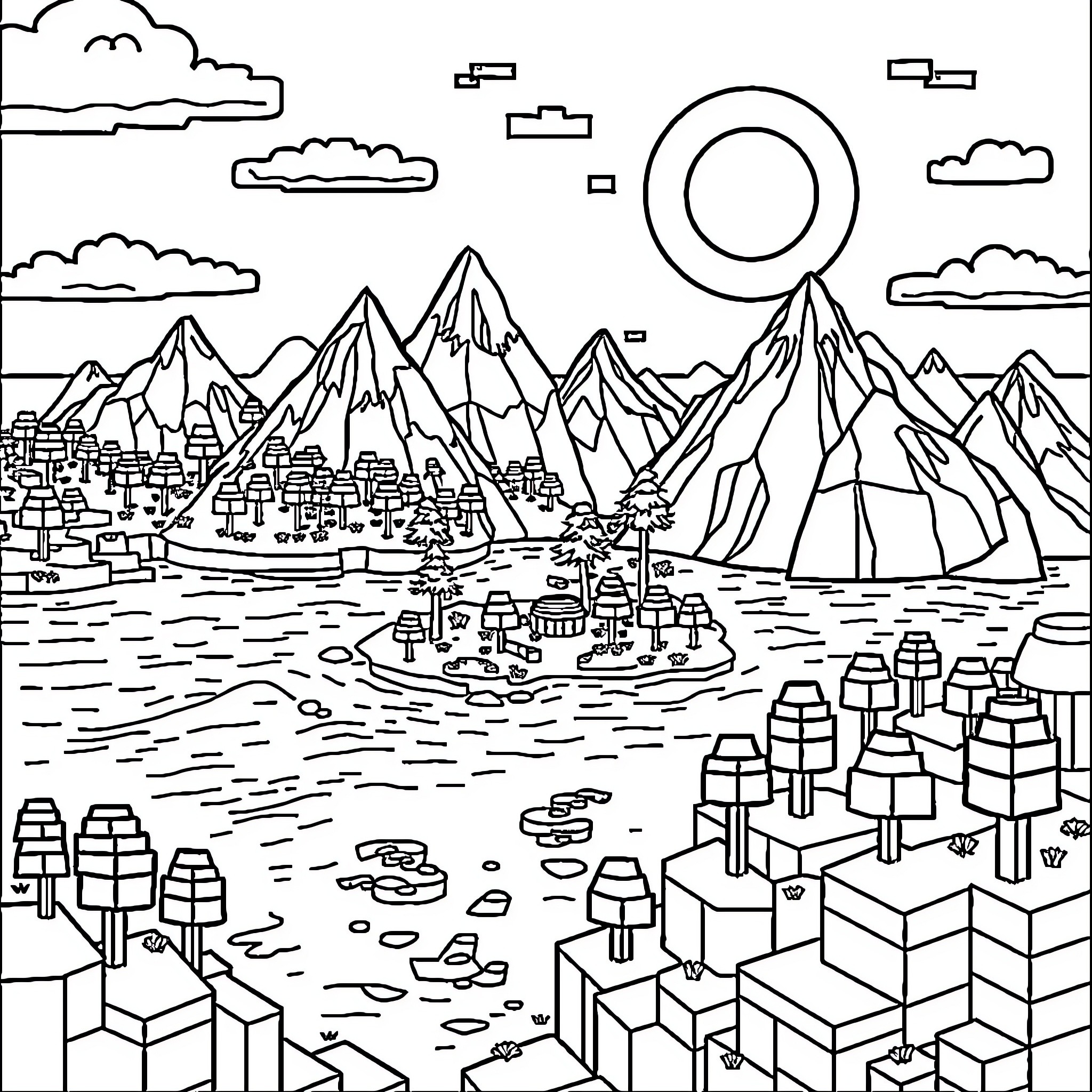 Minecraft Landscape of Mountains, Trees, and Buildings Coloring Page (free black-and-white line drawing printable PDF for all, from beginners to advanced learners, including children, teens, adults, and seniors)