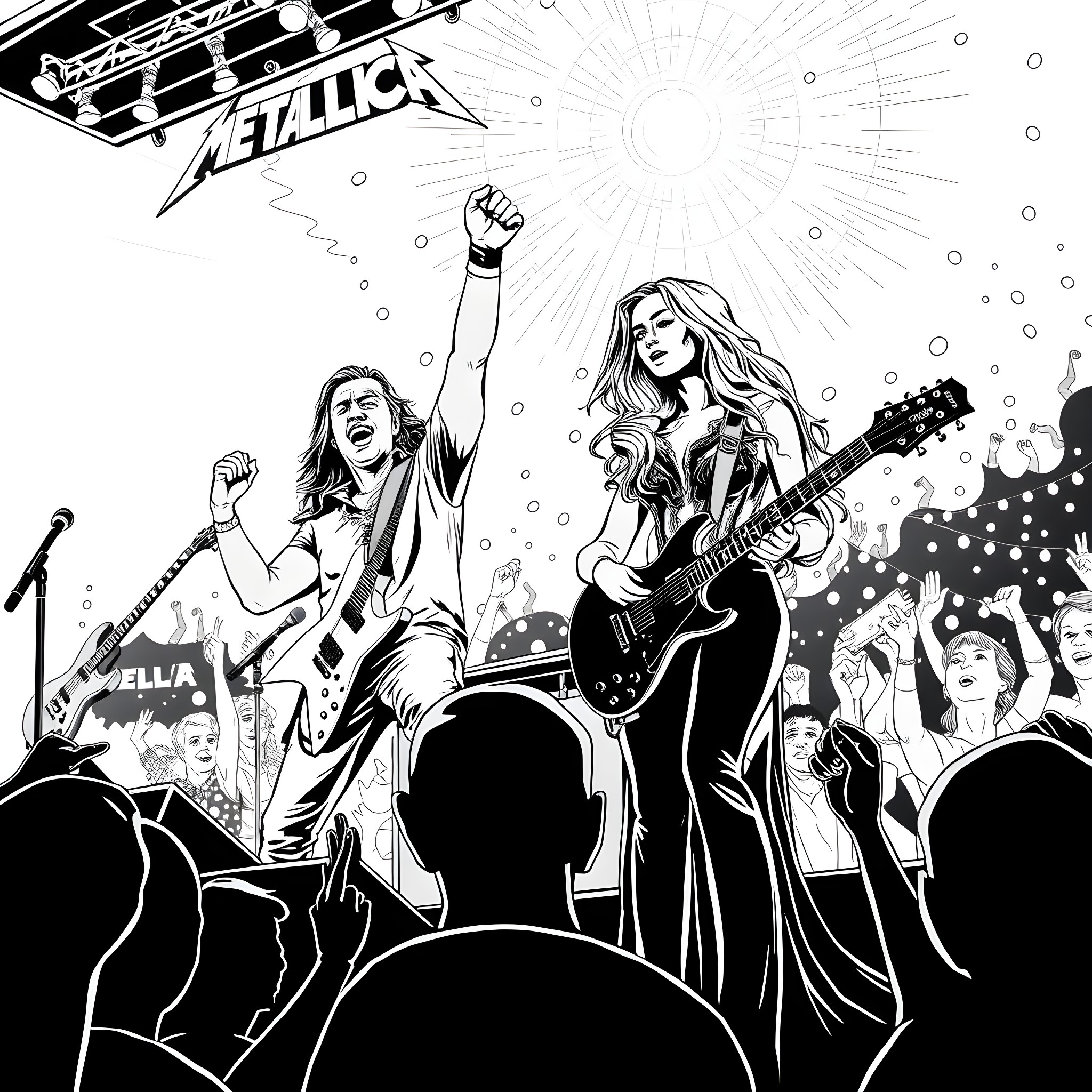Metallica: Energetic Rock Band Performance Coloring Page (free black-and-white line drawing printable PDF for all, from beginners to advanced learners, including children, teens, adults, and seniors)