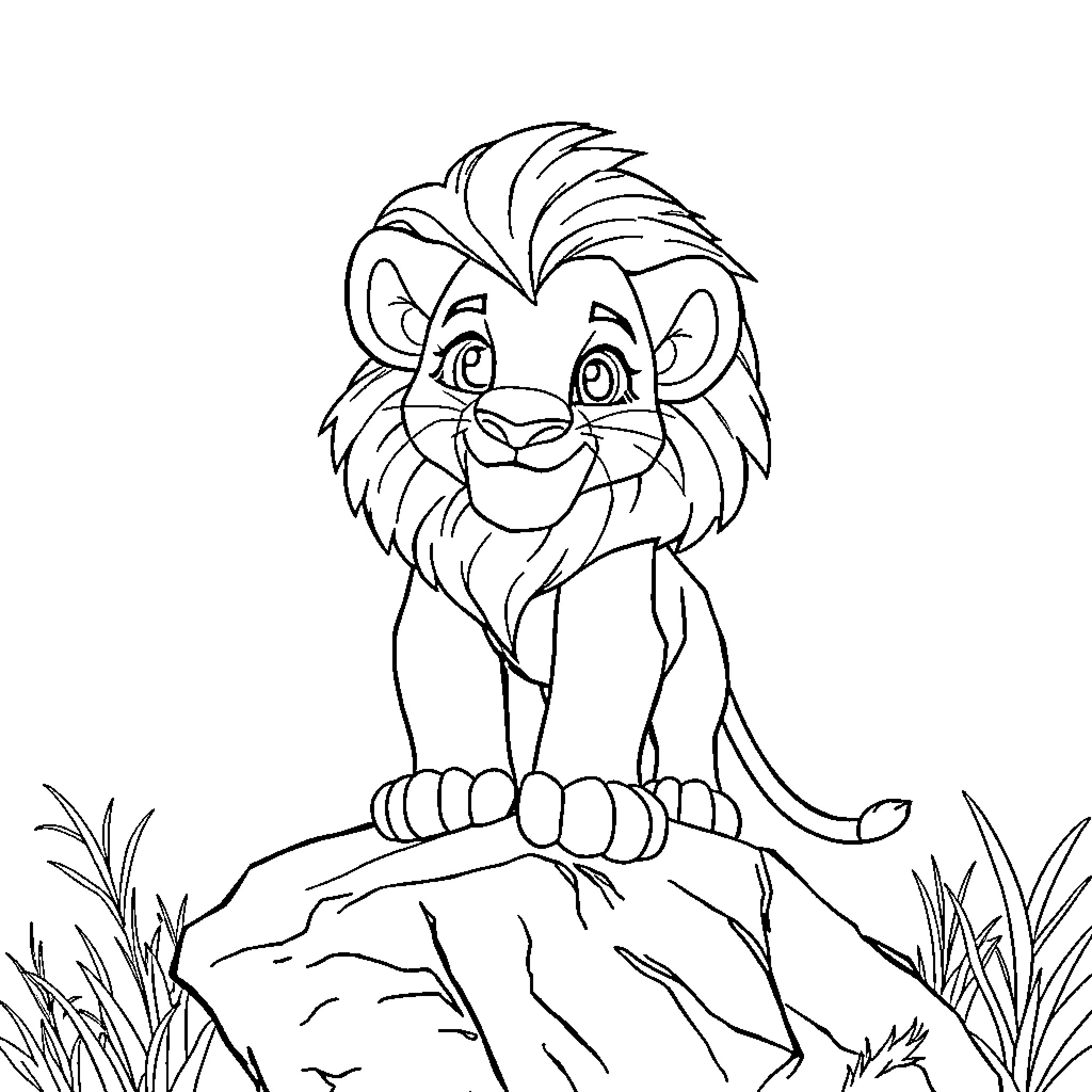 Simba exploring the savanna Coloring Page (free black-and-white line drawing printable PDF for all, from beginners to advanced learners, including children, teens, adults, and seniors)