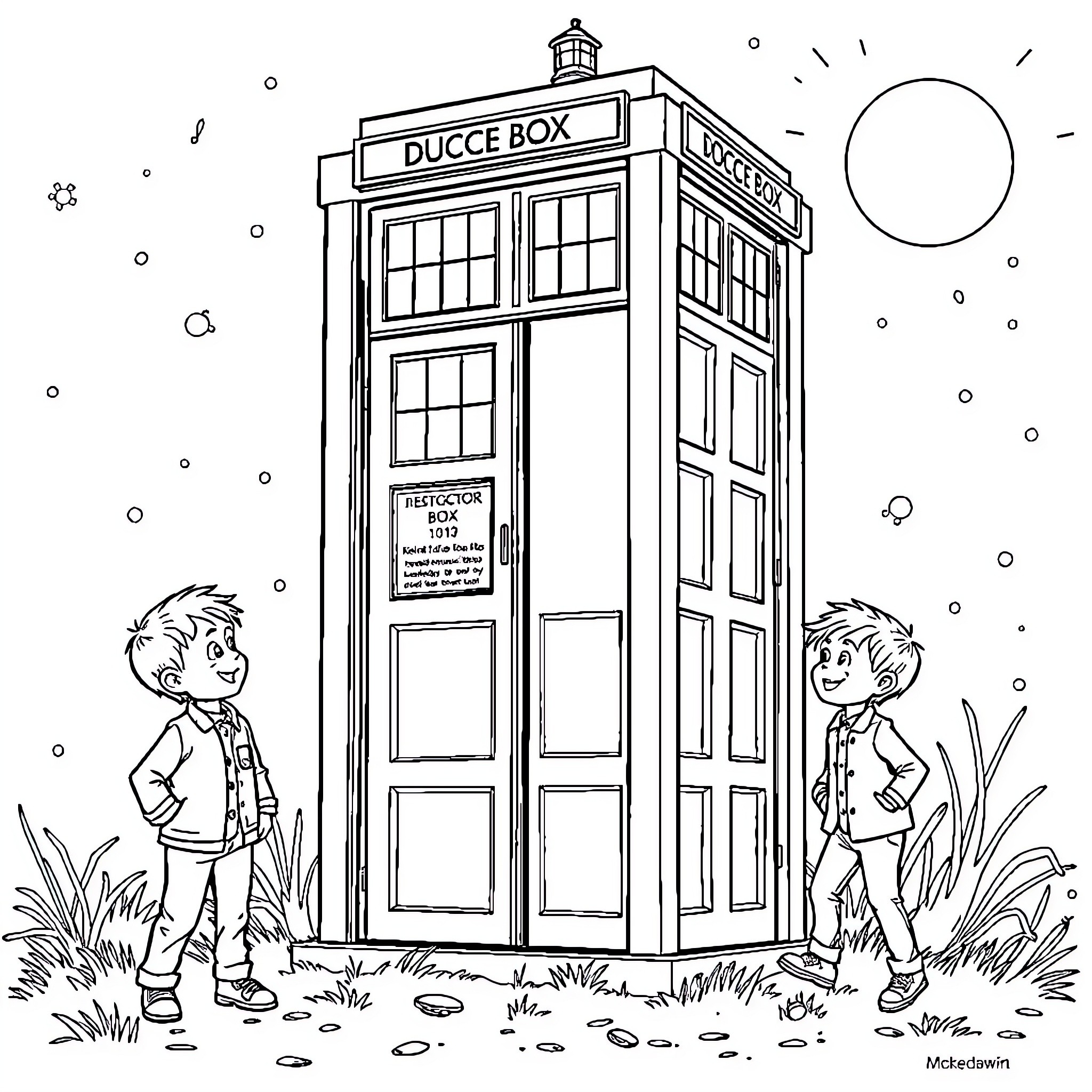 Doctor Who characters exploring a Ducce Box in a whimsical scene Coloring Page (free black-and-white line drawing printable PDF for all, from beginners to advanced learners, including children, teens, adults, and seniors)