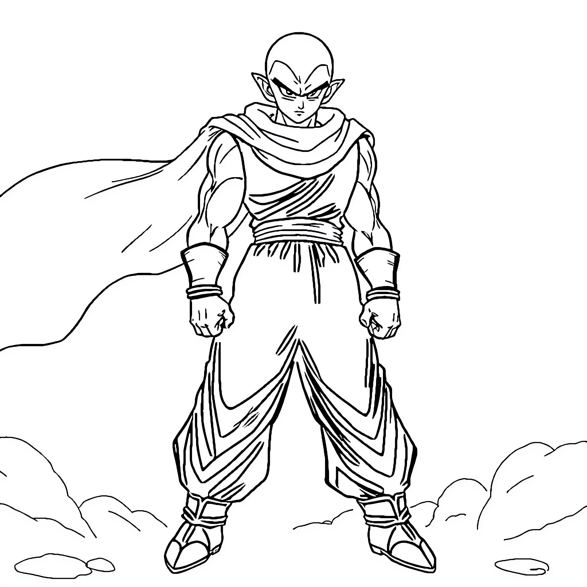 Piccolo's Powerful Stance in the Clouds Coloring Page (free black-and-white line drawing printable PDF for all, from beginners to advanced learners, including children, teens, adults, and seniors)