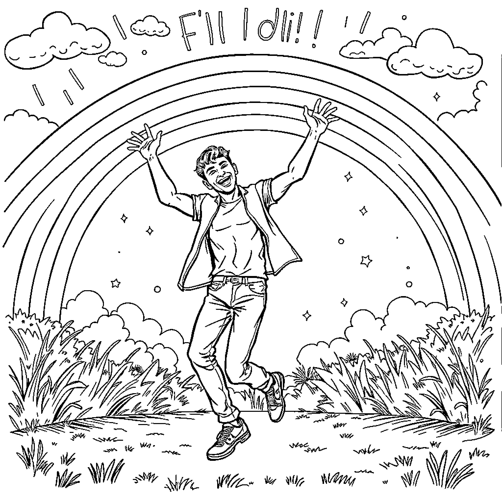 Guy expressing happiness under a rainbow Coloring Page (free black-and-white line drawing printable PDF for all, from beginners to advanced learners, including children, teens, adults, and seniors)