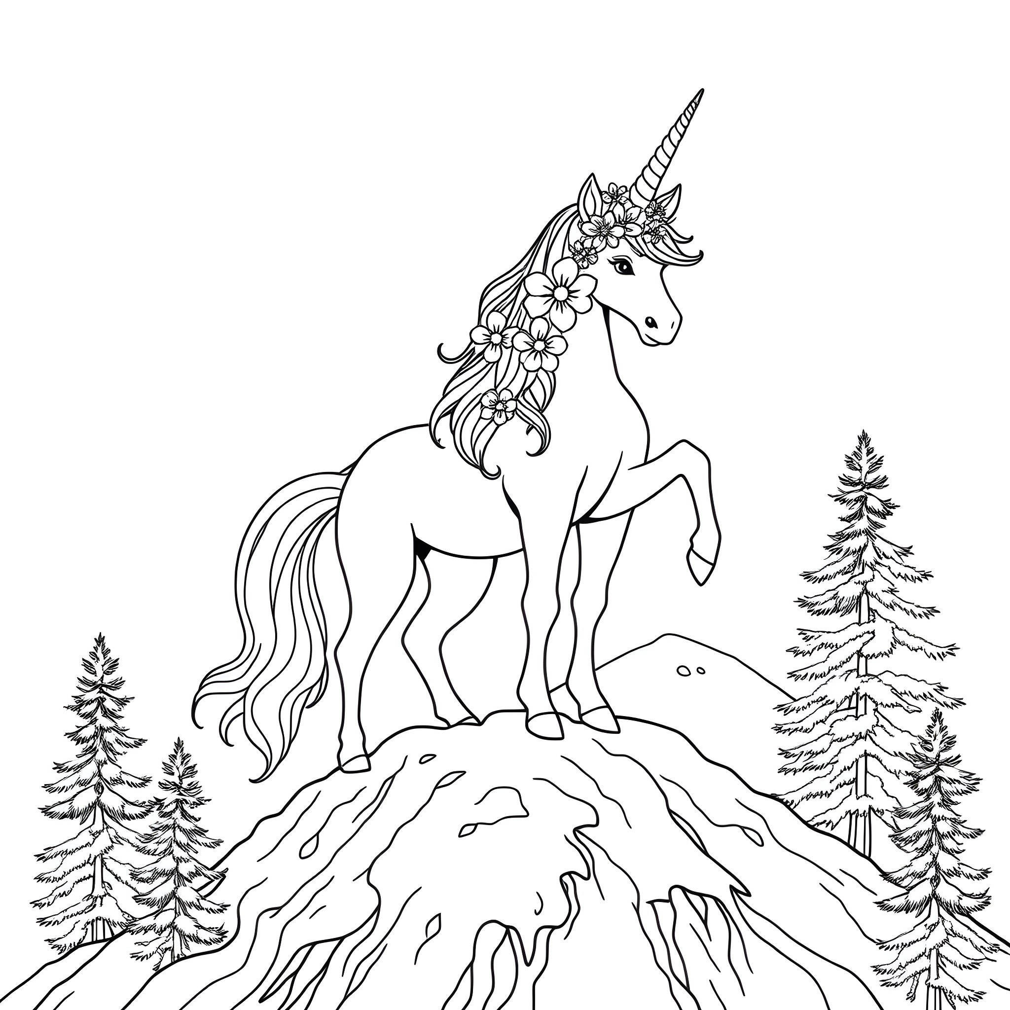 Unicorn with Floral Wreath Standing on Hilltop Coloring Page (free black-and-white line drawing printable PDF for all, from beginners to advanced learners, including children, teens, adults, and seniors)