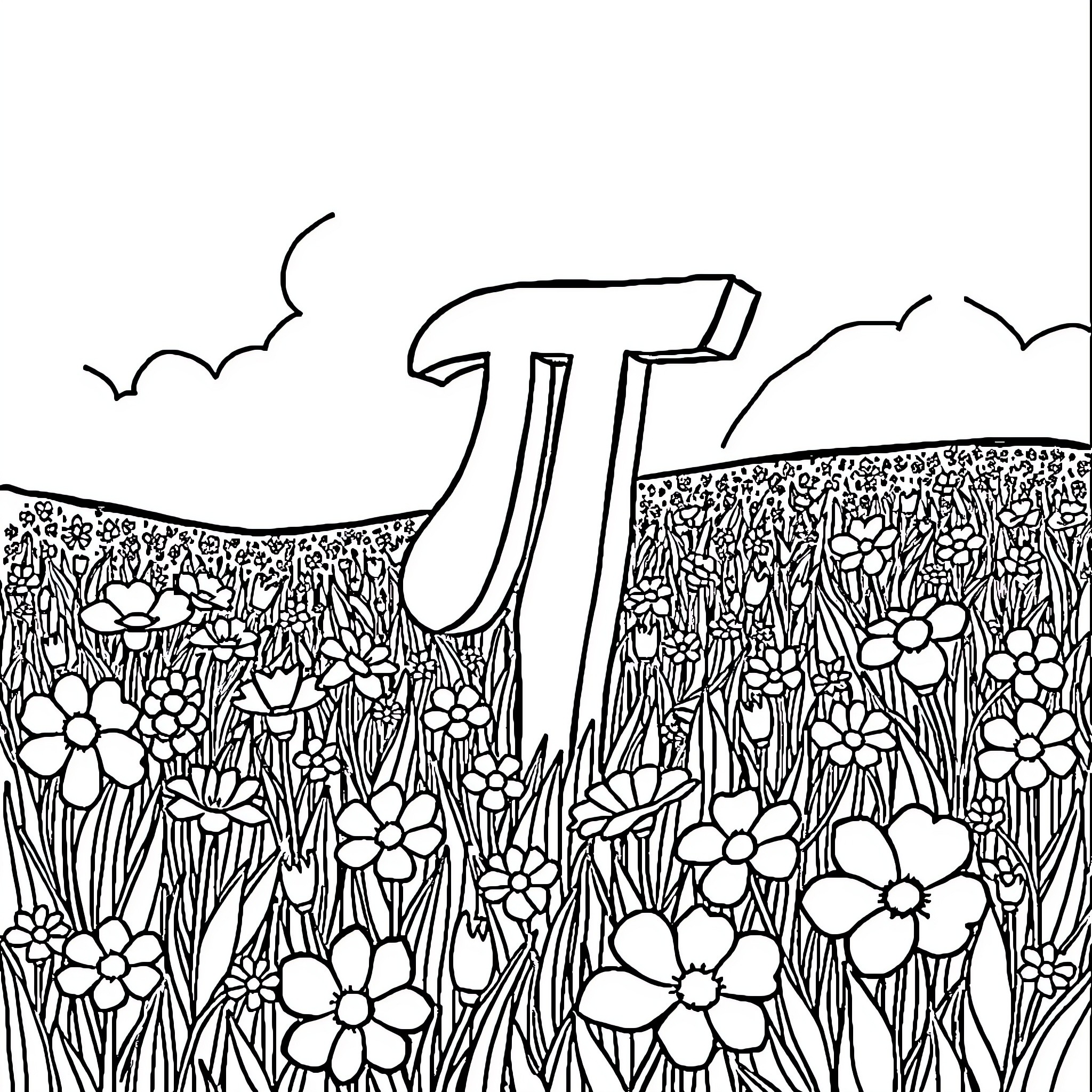 Pi Graphic of Flowers and Clouds Coloring Page (free black-and-white line drawing printable PDF for all, from beginners to advanced learners, including children, teens, adults, and seniors)