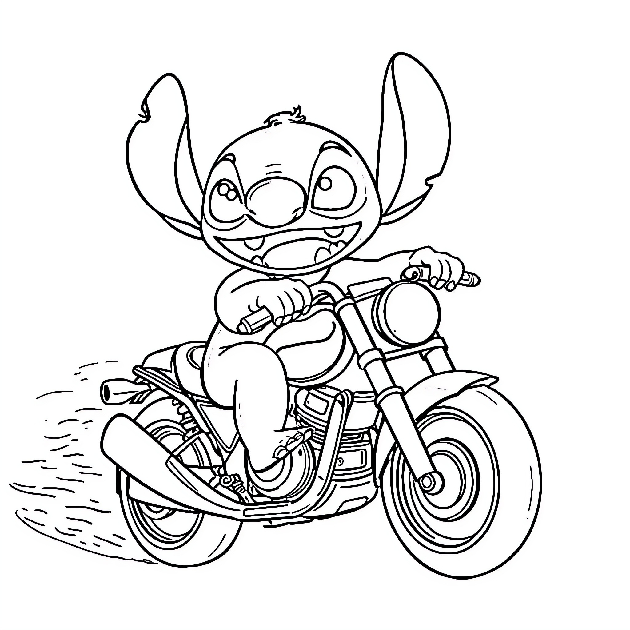 Stitch riding a motorcycle with a big smile Coloring Page (free black-and-white line drawing printable PDF for all, from beginners to advanced learners, including children, teens, adults, and seniors)