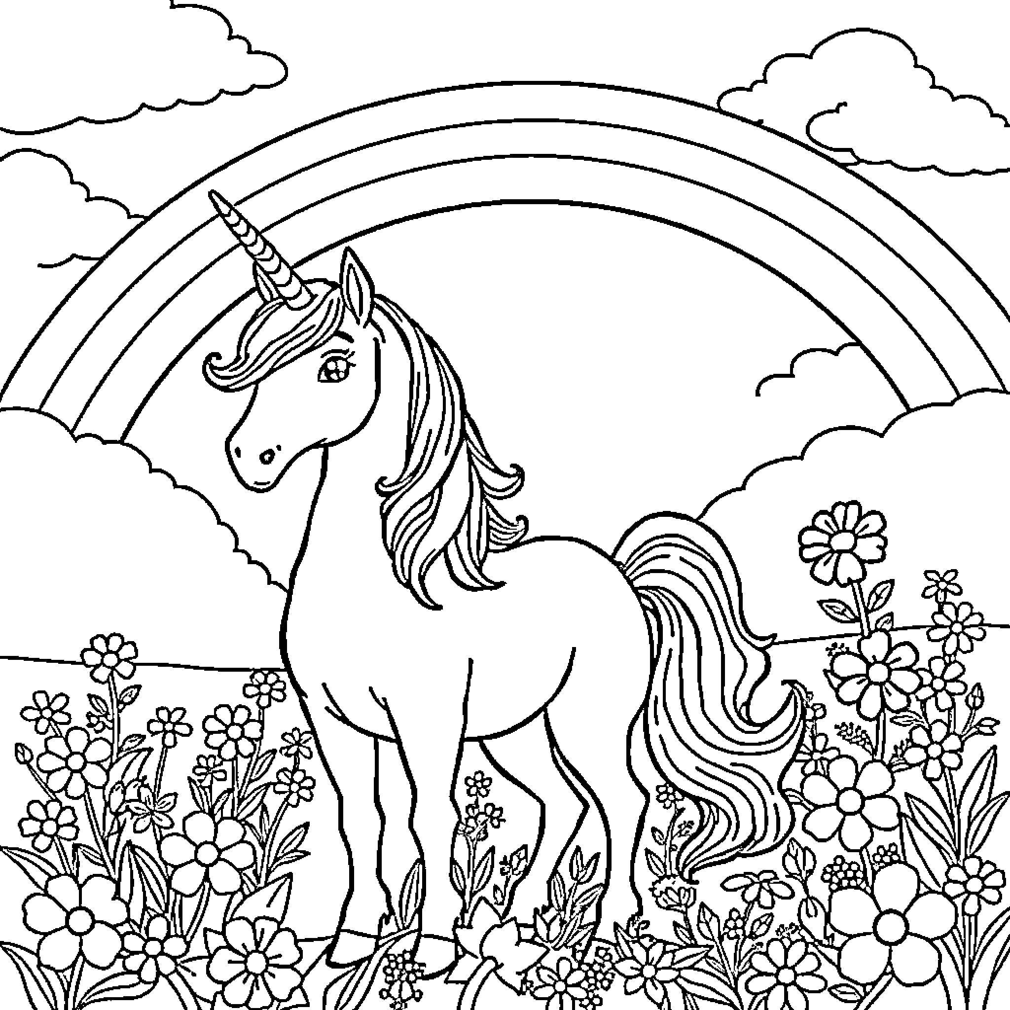 Unicorn enjoying a magical scene in the garden Coloring Page (free black-and-white line drawing printable PDF for all, from beginners to advanced learners, including children, teens, adults, and seniors)