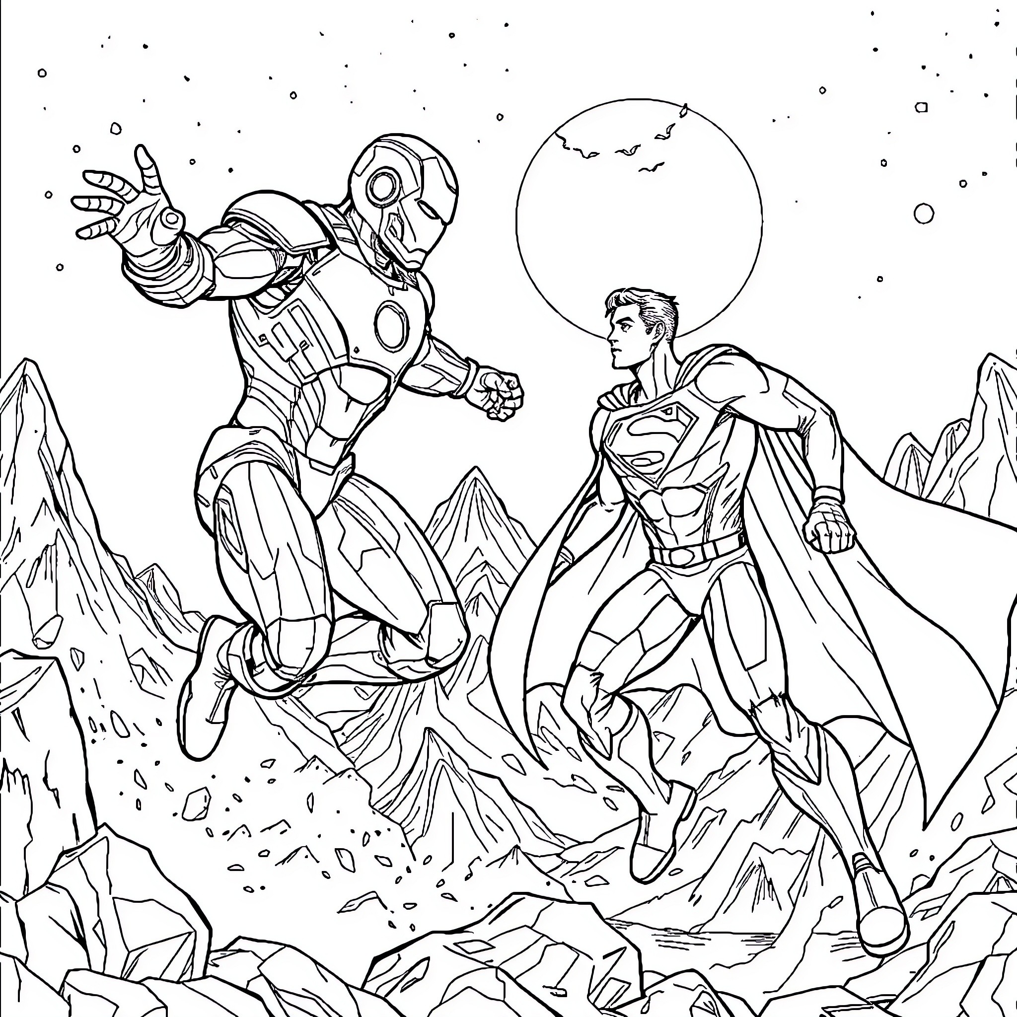 Ironman and Superman battle in the alien landscape Coloring Page (free black-and-white line drawing printable PDF for all, from beginners to advanced learners, including children, teens, adults, and seniors)