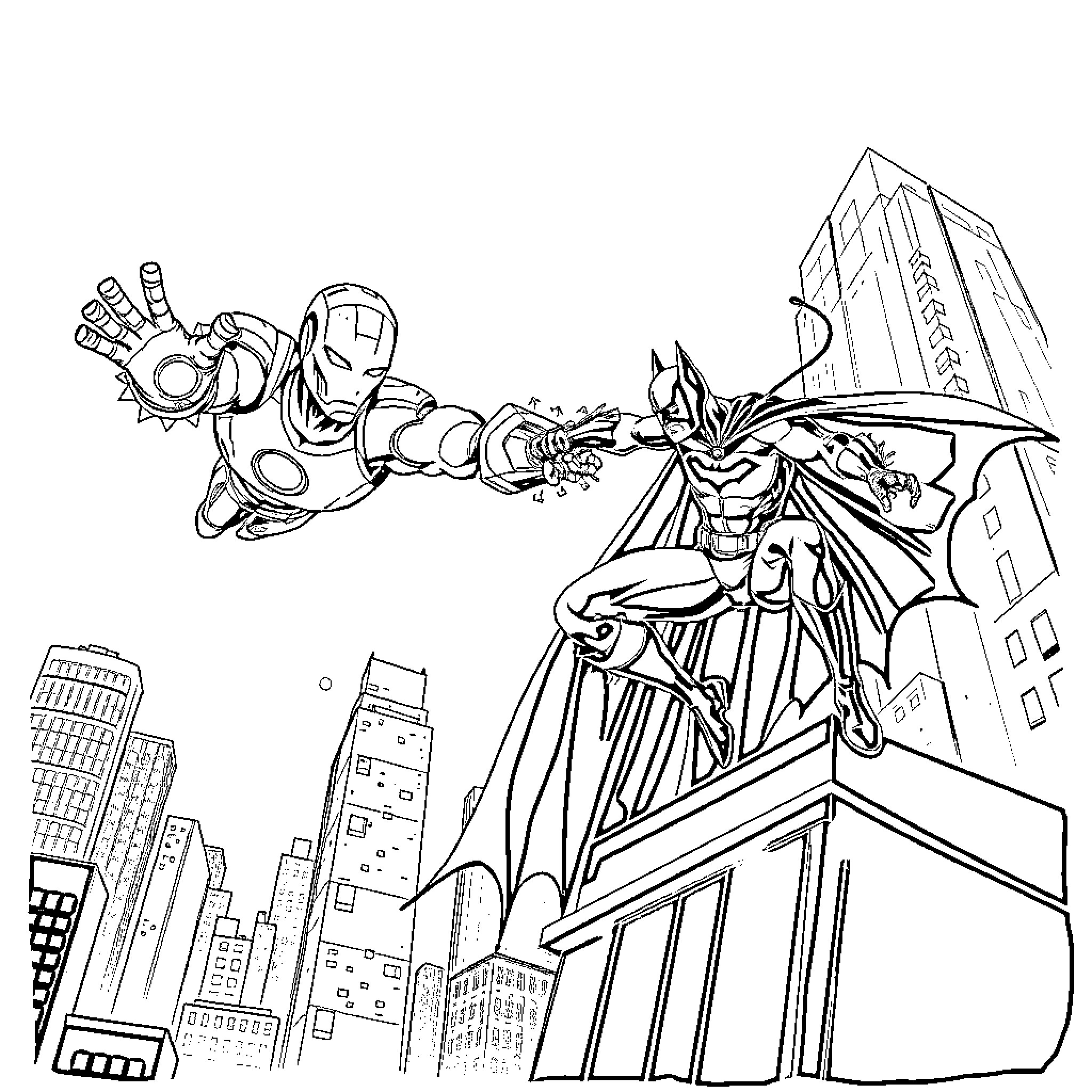 Iron Man and Batman Face Off in City Skyline Coloring Page (free black-and-white line drawing printable PDF for all, from beginners to advanced learners, including children, teens, adults, and seniors)