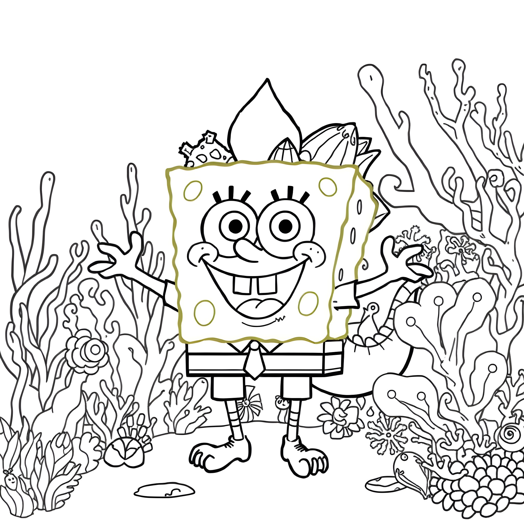 Spongebob exploring the ocean floor with sea creatures Coloring Page (free black-and-white line drawing printable PDF for all, from beginners to advanced learners, including children, teens, adults, and seniors)