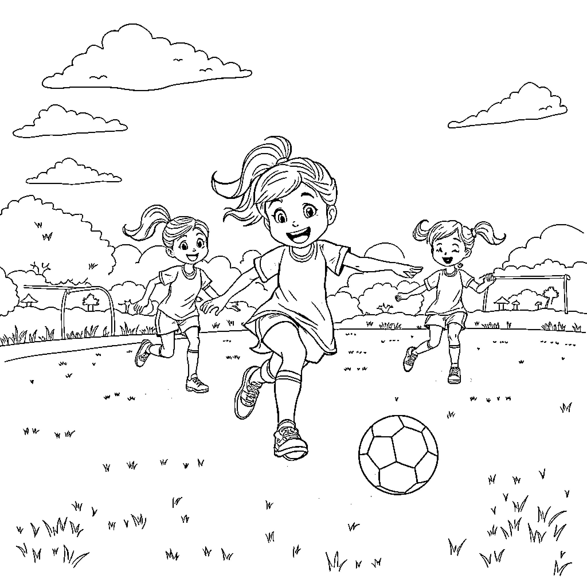 Bluey and friends play joyfully outdoors Coloring Page (free black-and-white line drawing printable PDF for all, from beginners to advanced learners, including children, teens, adults, and seniors)