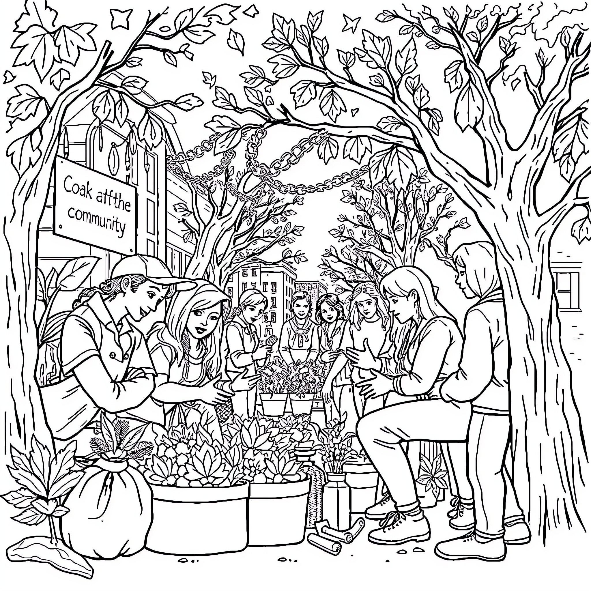 Health of the Community Gathering in Outdoor Setting Coloring Page (free black-and-white line drawing printable PDF for all, from beginners to advanced learners, including children, teens, adults, and seniors)