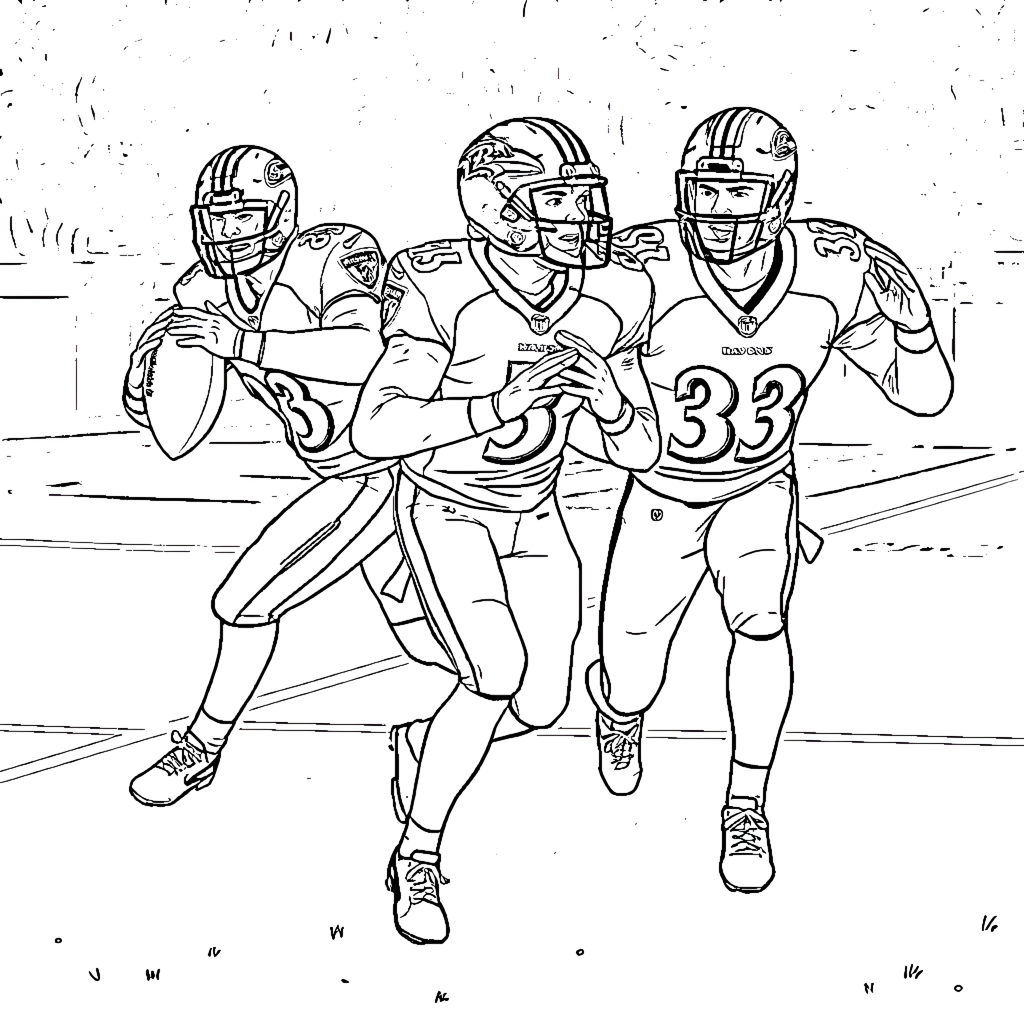 Raven football players running on the field Coloring Page (free black-and-white line drawing printable PDF for all, from beginners to advanced learners, including children, teens, adults, and seniors)