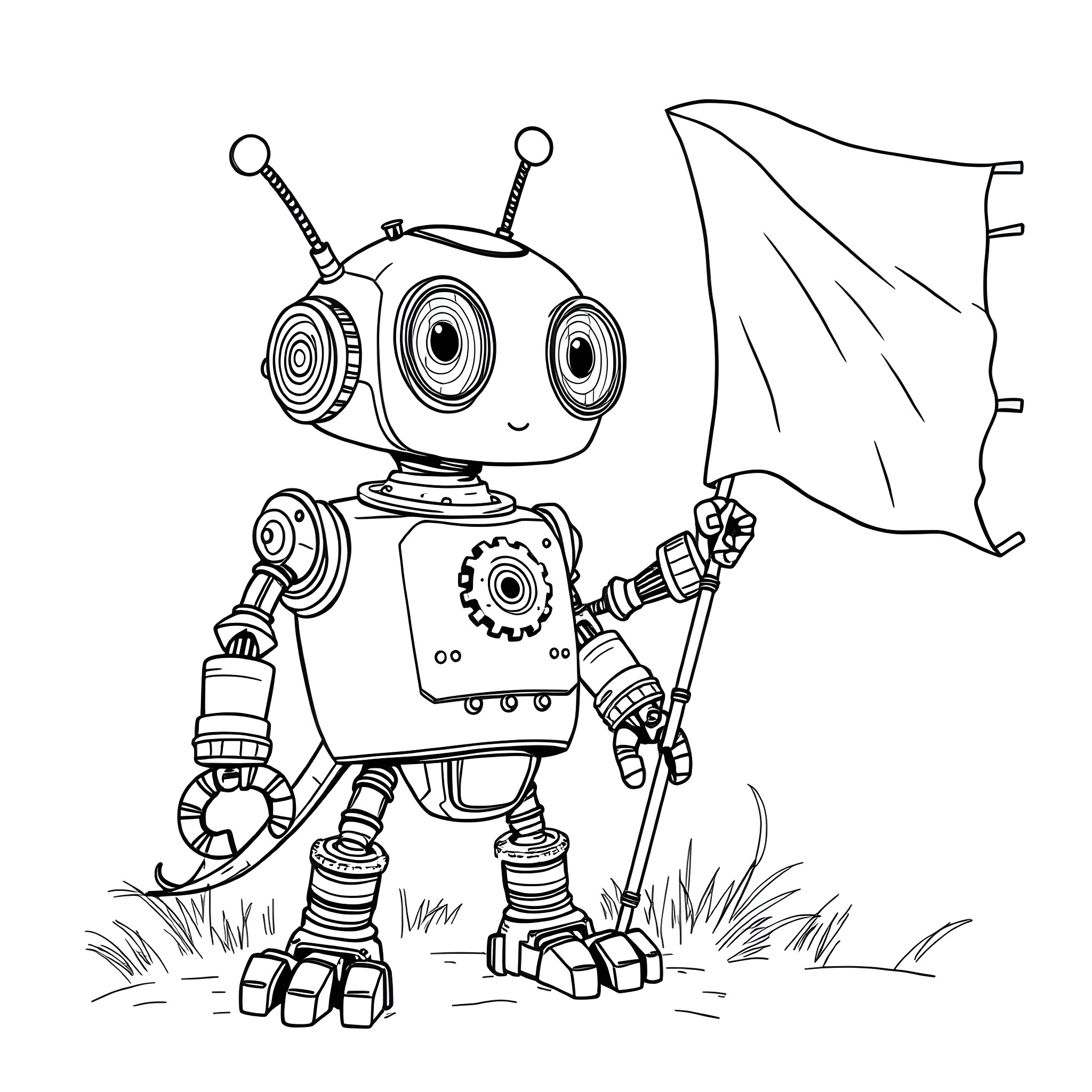 Robot exploring the outdoors with a flag Coloring Page (free black-and-white line drawing printable PDF for all, from beginners to advanced learners, including children, teens, adults, and seniors)