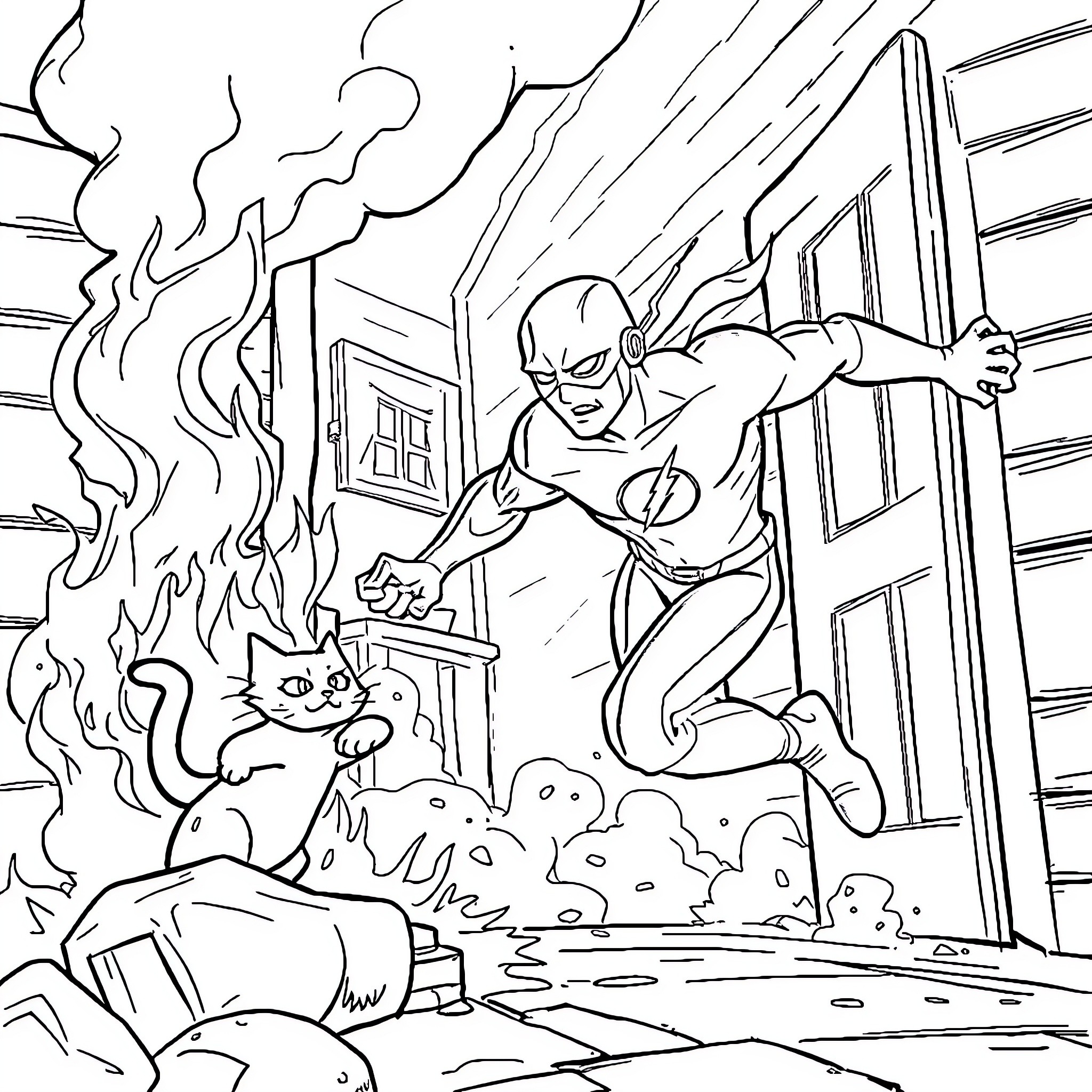 Flash Rescues Trapped Kitten from Burning Building Coloring Page (free black-and-white line drawing printable PDF for all, from beginners to advanced learners, including children, teens, adults, and seniors)