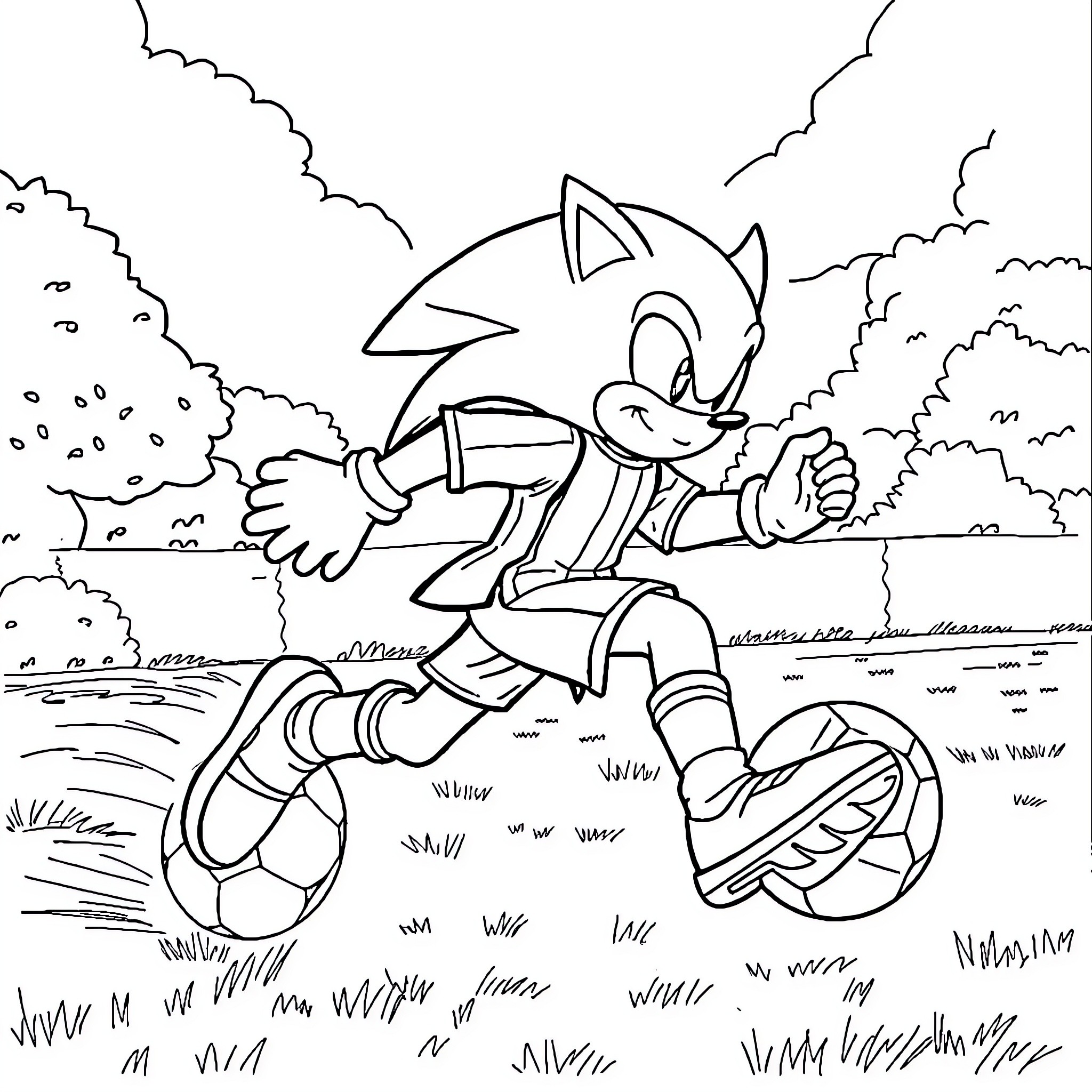 Sonic racing through a grassy field Coloring Page (free black-and-white line drawing printable PDF for all, from beginners to advanced learners, including children, teens, adults, and seniors)