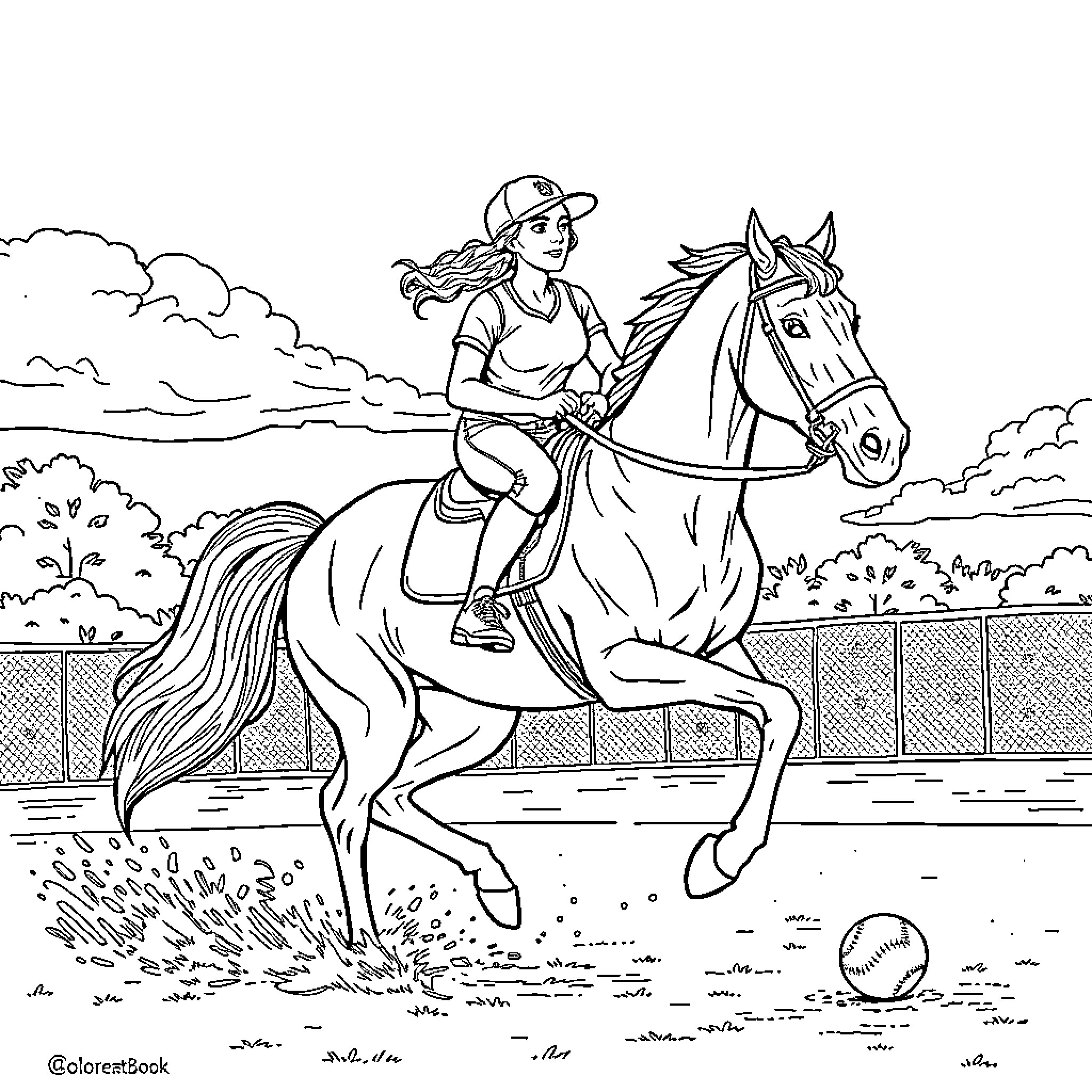 Softball Player Riding Horse on Field Coloring Page (free black-and-white line drawing printable PDF for all, from beginners to advanced learners, including children, teens, adults, and seniors)