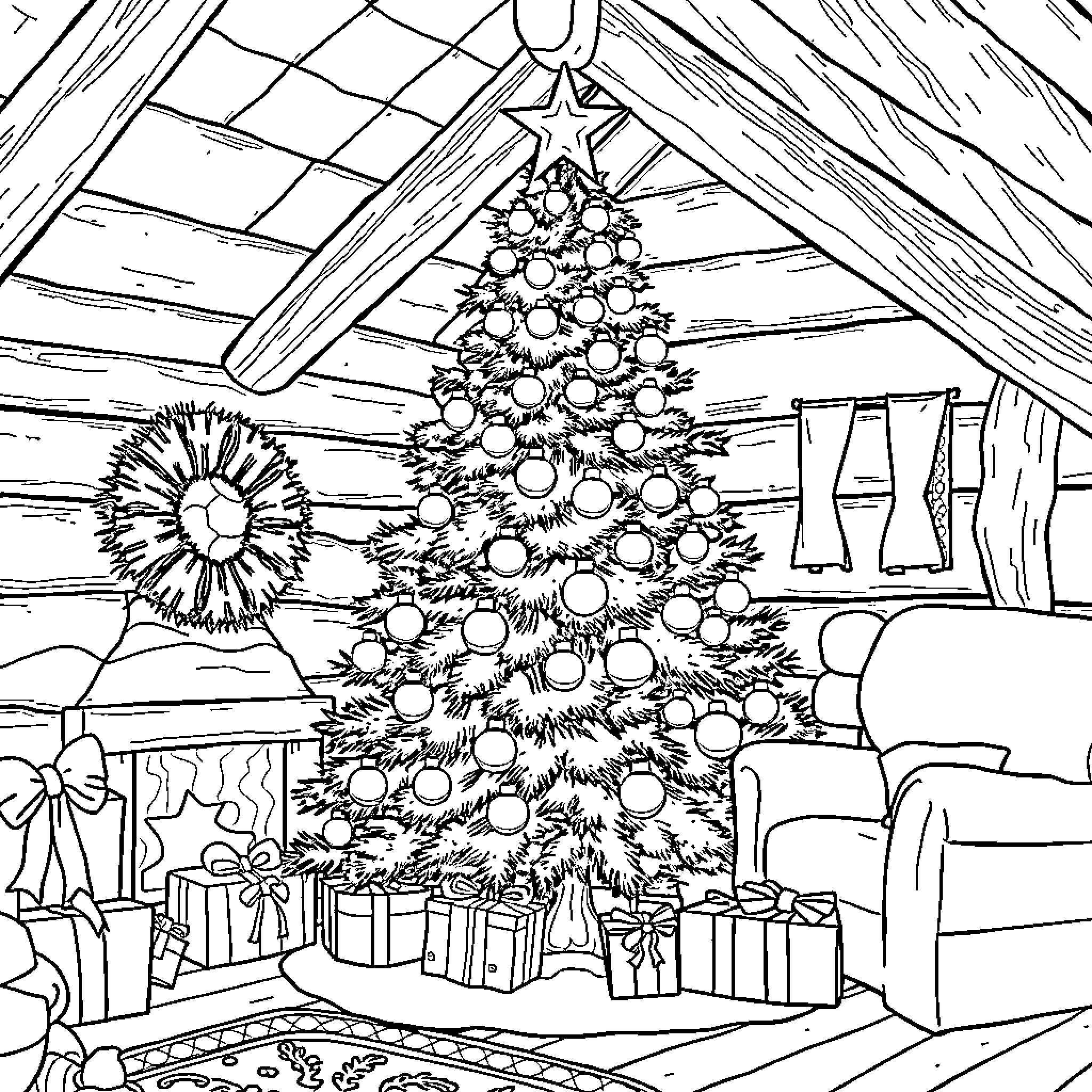 Christmas Tree Decorated in Cozy Winter Home Coloring Page (free black-and-white line drawing printable PDF for all, from beginners to advanced learners, including children, teens, adults, and seniors)