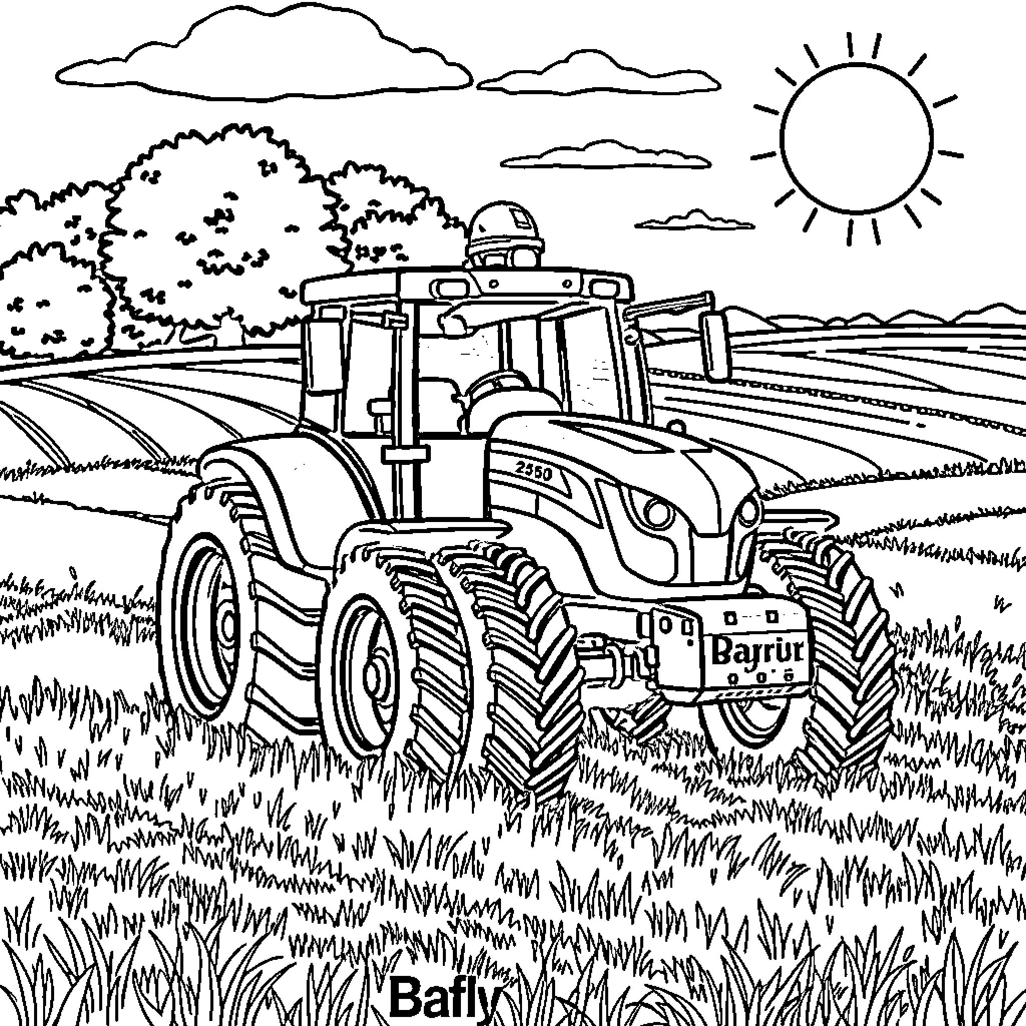 Tractor working in the countryside Coloring Page (free black-and-white line drawing printable PDF for all, from beginners to advanced learners, including children, teens, adults, and seniors)