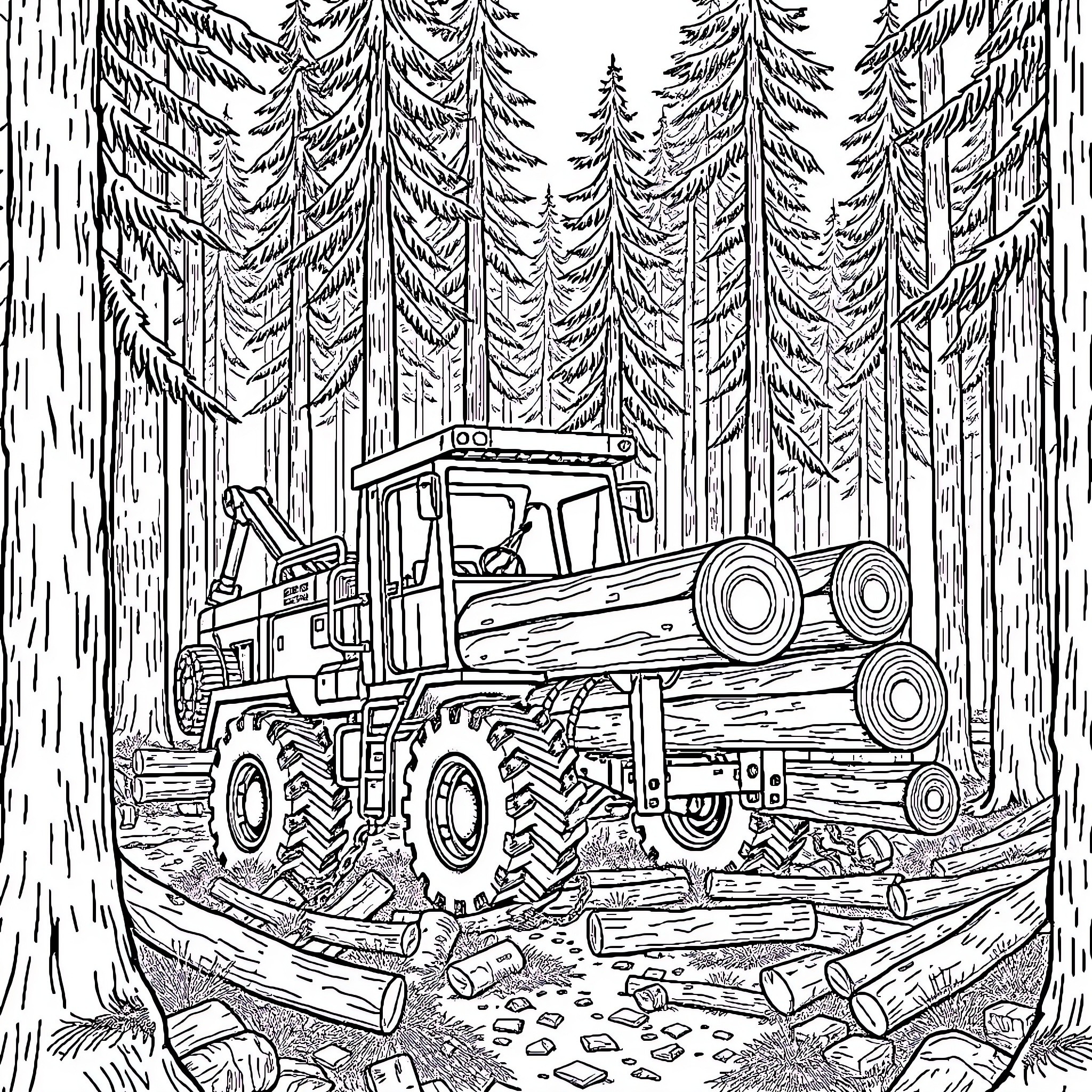 Log Harvester Collecting Timber in the Forested Wilderness Coloring Page (free black-and-white line drawing printable PDF for all, from beginners to advanced learners, including children, teens, adults, and seniors)
