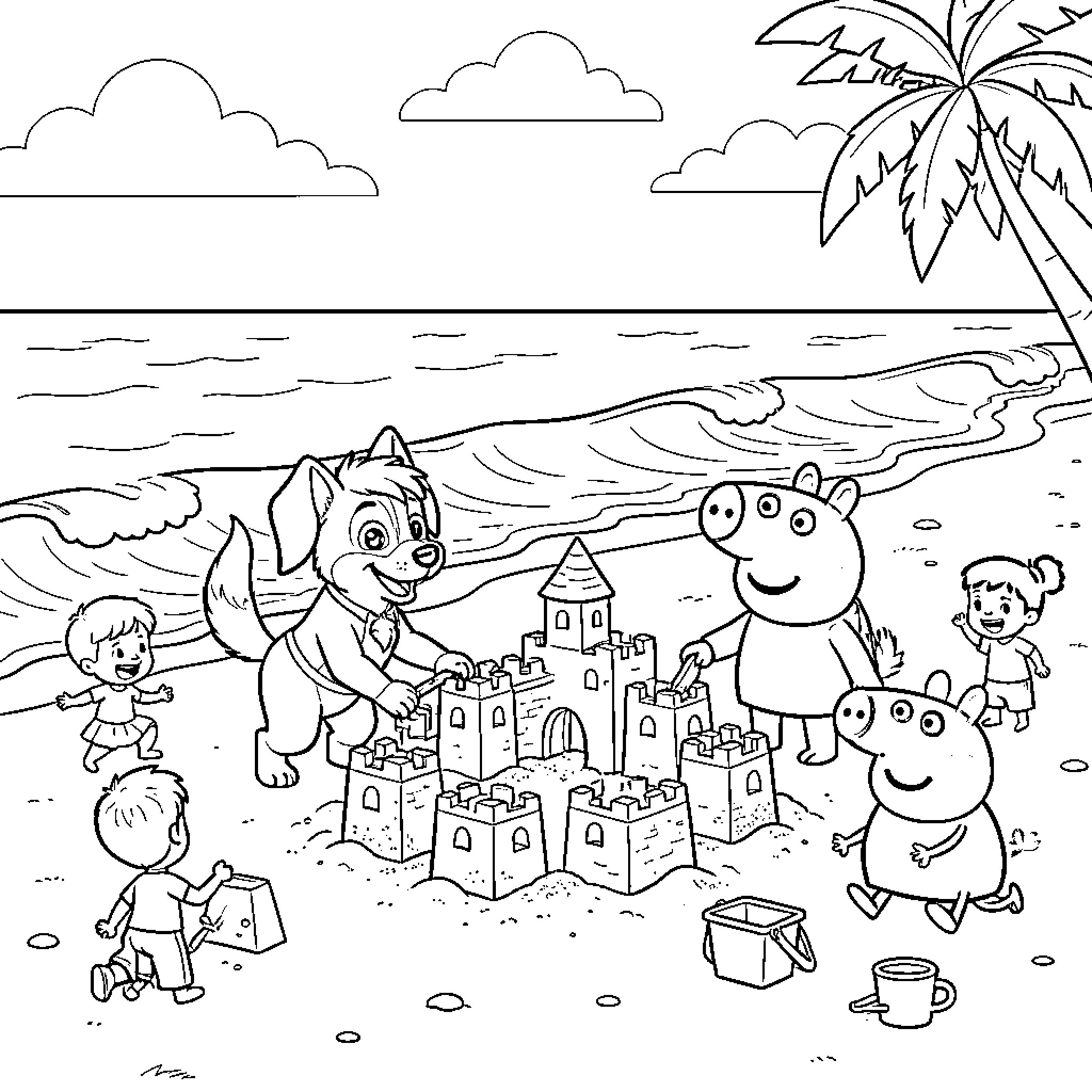 Perrita playing with children on the beach Coloring Page (free black-and-white line drawing printable PDF for all, from beginners to advanced learners, including children, teens, adults, and seniors)
