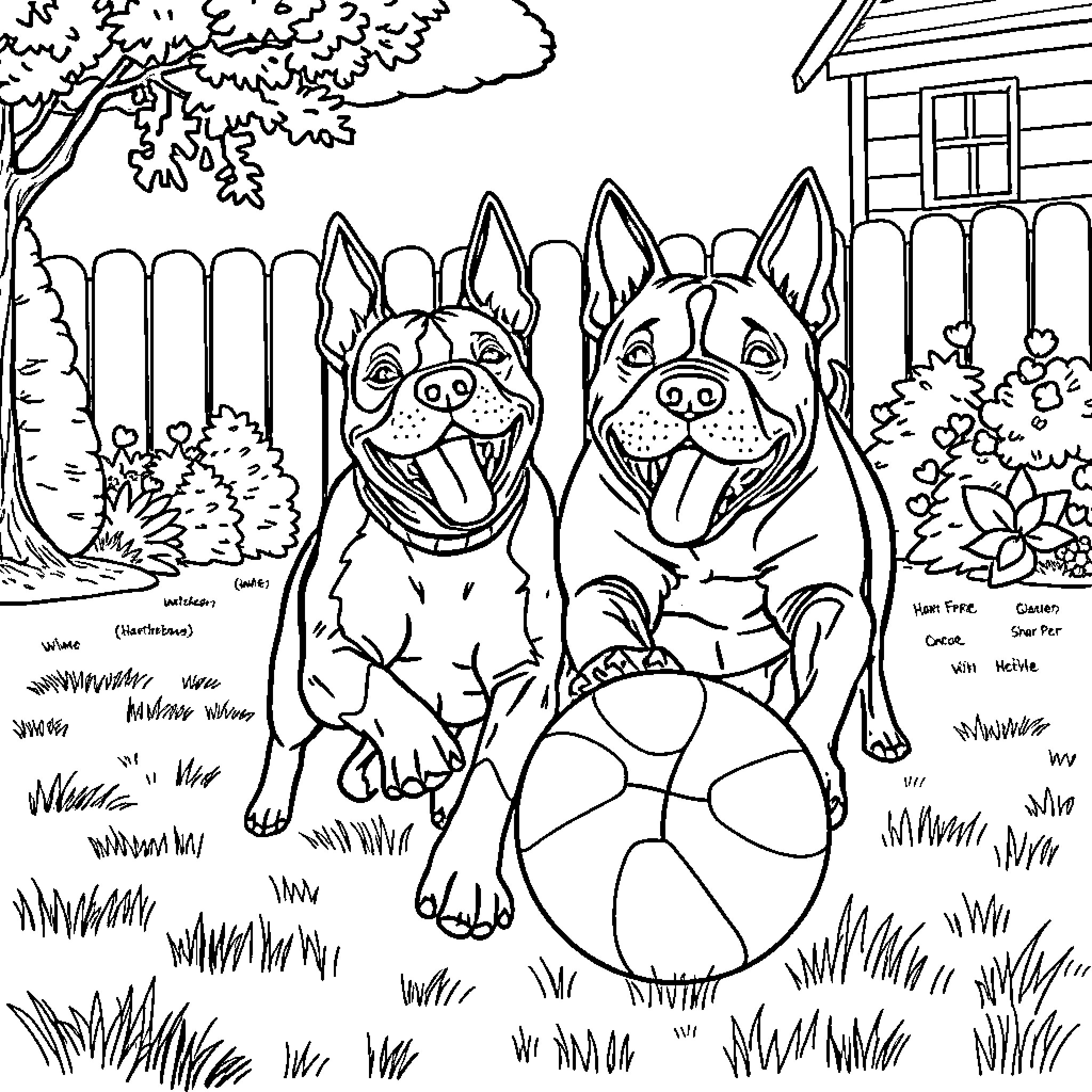 Dogs playing joyfully in the backyard Coloring Page (free black-and-white line drawing printable PDF for all, from beginners to advanced learners, including children, teens, adults, and seniors)