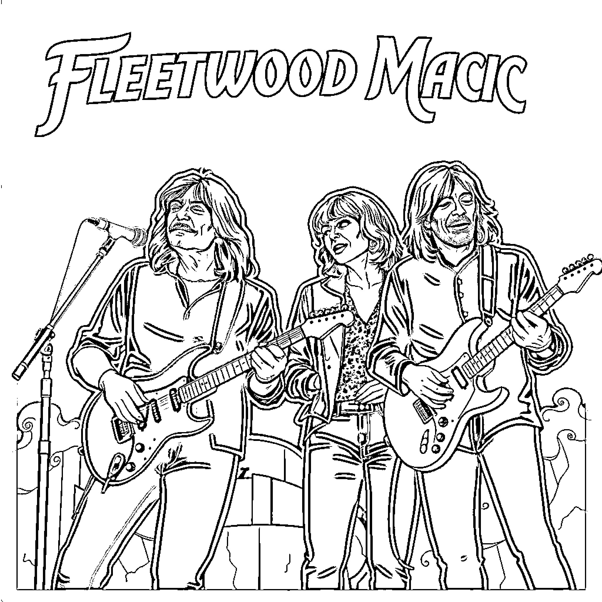Fleetwood Mac Members Performing on Stage Coloring Page (free black-and-white line drawing printable PDF for all, from beginners to advanced learners, including children, teens, adults, and seniors)