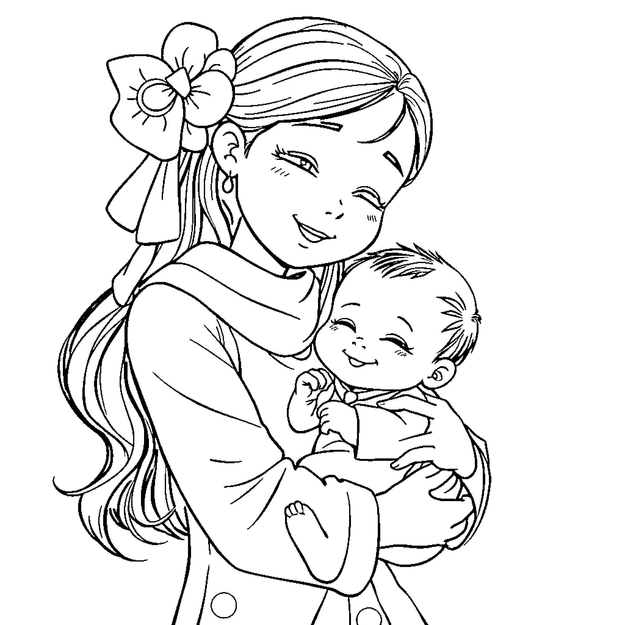 Chuymine mother holding and caring for baby Coloring Page (free black-and-white line drawing printable PDF for all, from beginners to advanced learners, including children, teens, adults, and seniors)