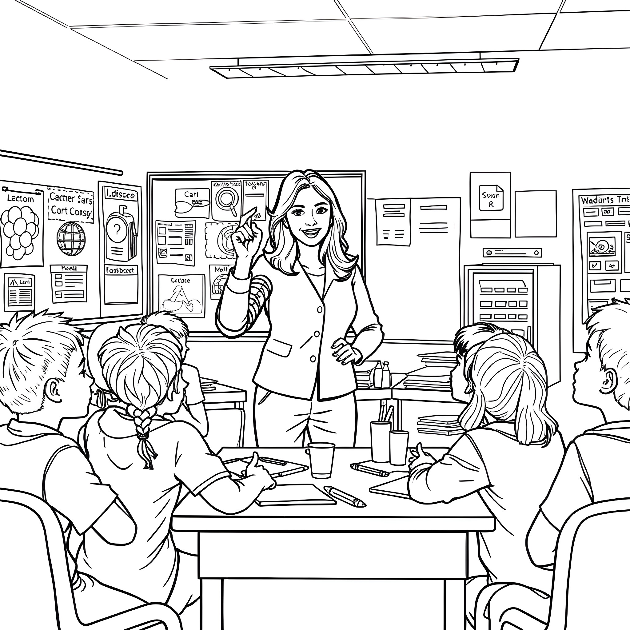 Teacher Guiding Students in Classroom Coloring Page (free black-and-white line drawing printable PDF for all, from beginners to advanced learners, including children, teens, adults, and seniors)