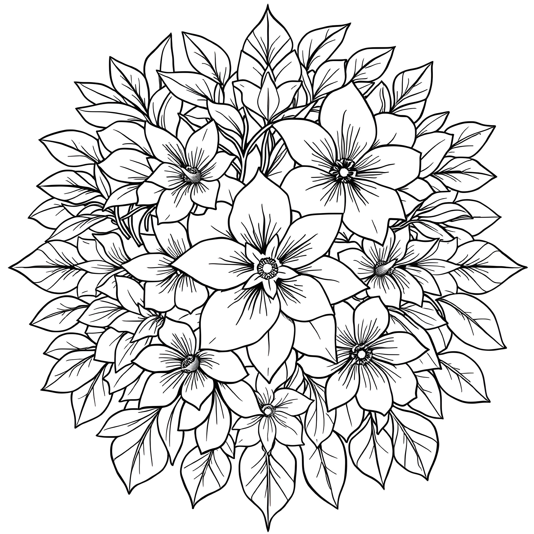 Flower bouquet in detailed floral pattern Coloring Page (free black-and-white line drawing printable PDF for all, from beginners to advanced learners, including children, teens, adults, and seniors)