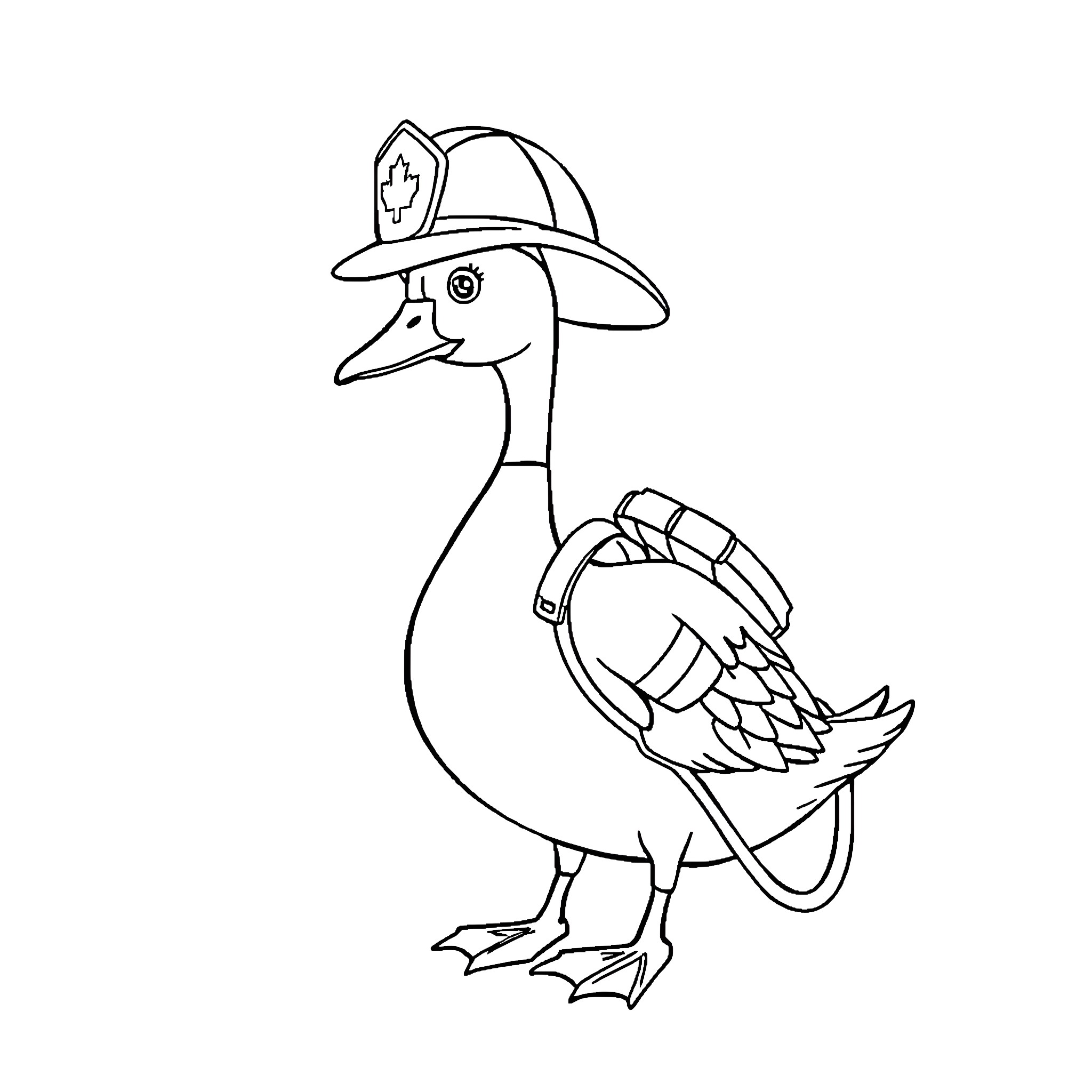 Goose in Firefighter Uniform Holding Hose Coloring Page (free black-and-white line drawing printable PDF for all, from beginners to advanced learners, including children, teens, adults, and seniors)