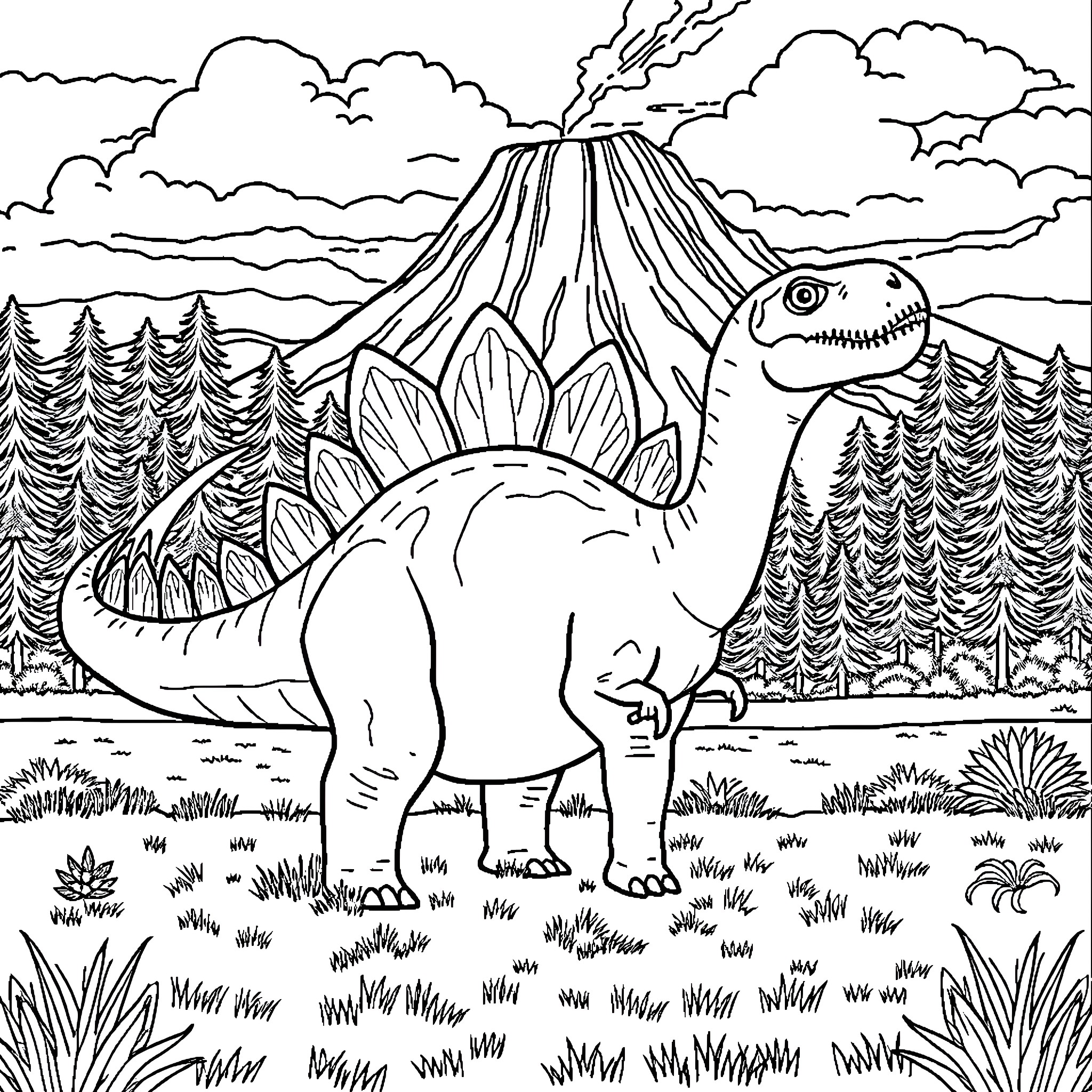 Stegosaurus roaming prehistoric landscape Coloring Page (free black-and-white line drawing printable PDF for all, from beginners to advanced learners, including children, teens, adults, and seniors)