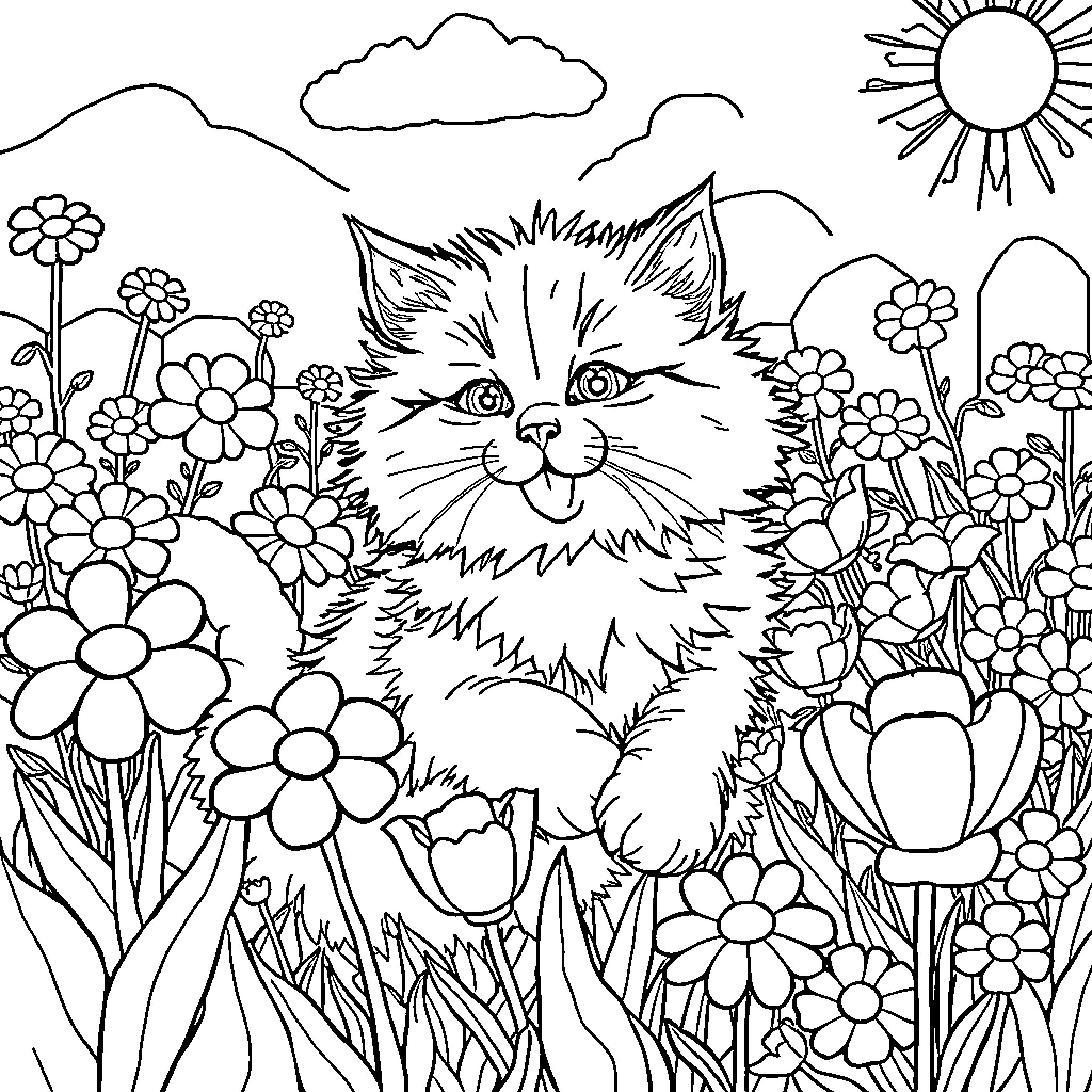 Cat relaxing in a floral garden Coloring Page (free black-and-white line drawing printable PDF for all, from beginners to advanced learners, including children, teens, adults, and seniors)