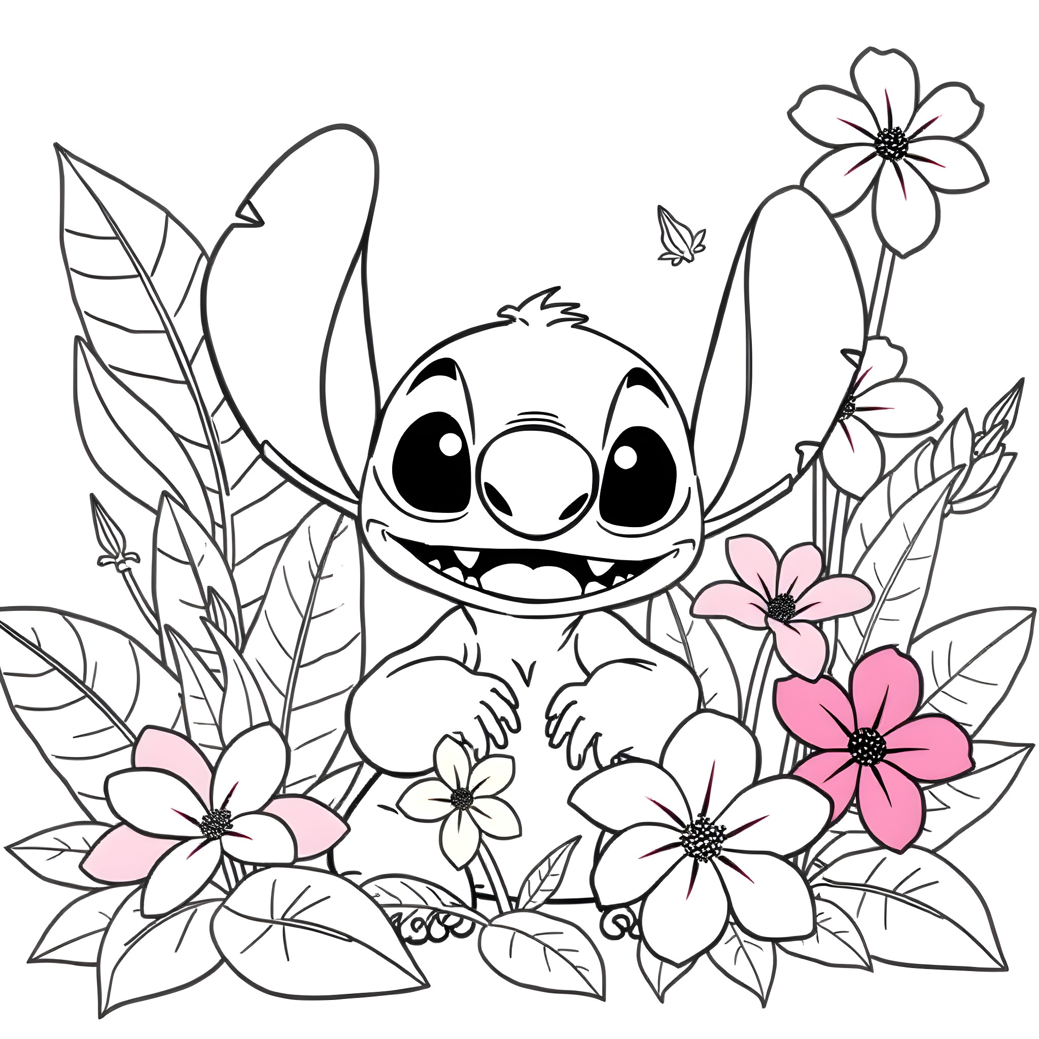 Stitch surrounded by whimsical flowers and foliage Coloring Page (free black-and-white line drawing printable PDF for all, from beginners to advanced learners, including children, teens, adults, and seniors)