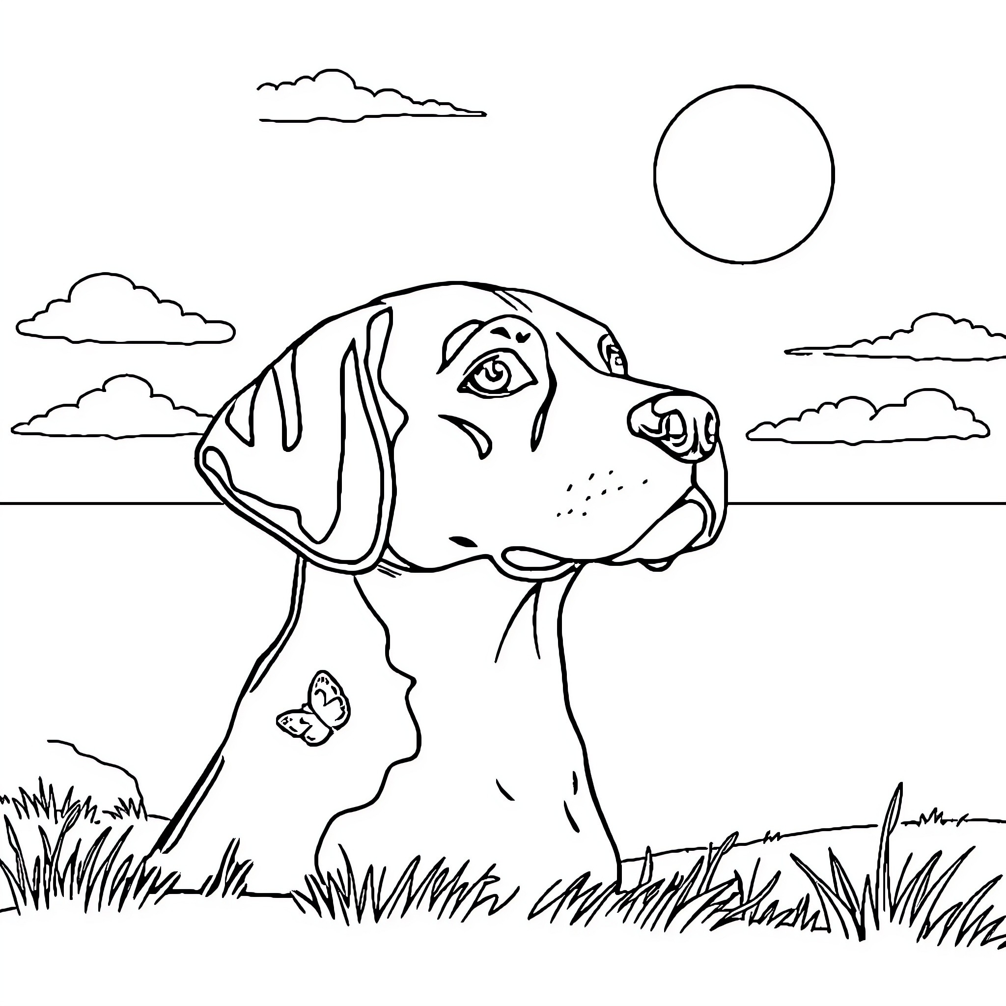 Beagle enjoying scenic outdoors Coloring Page (free black-and-white line drawing printable PDF for all, from beginners to advanced learners, including children, teens, adults, and seniors)