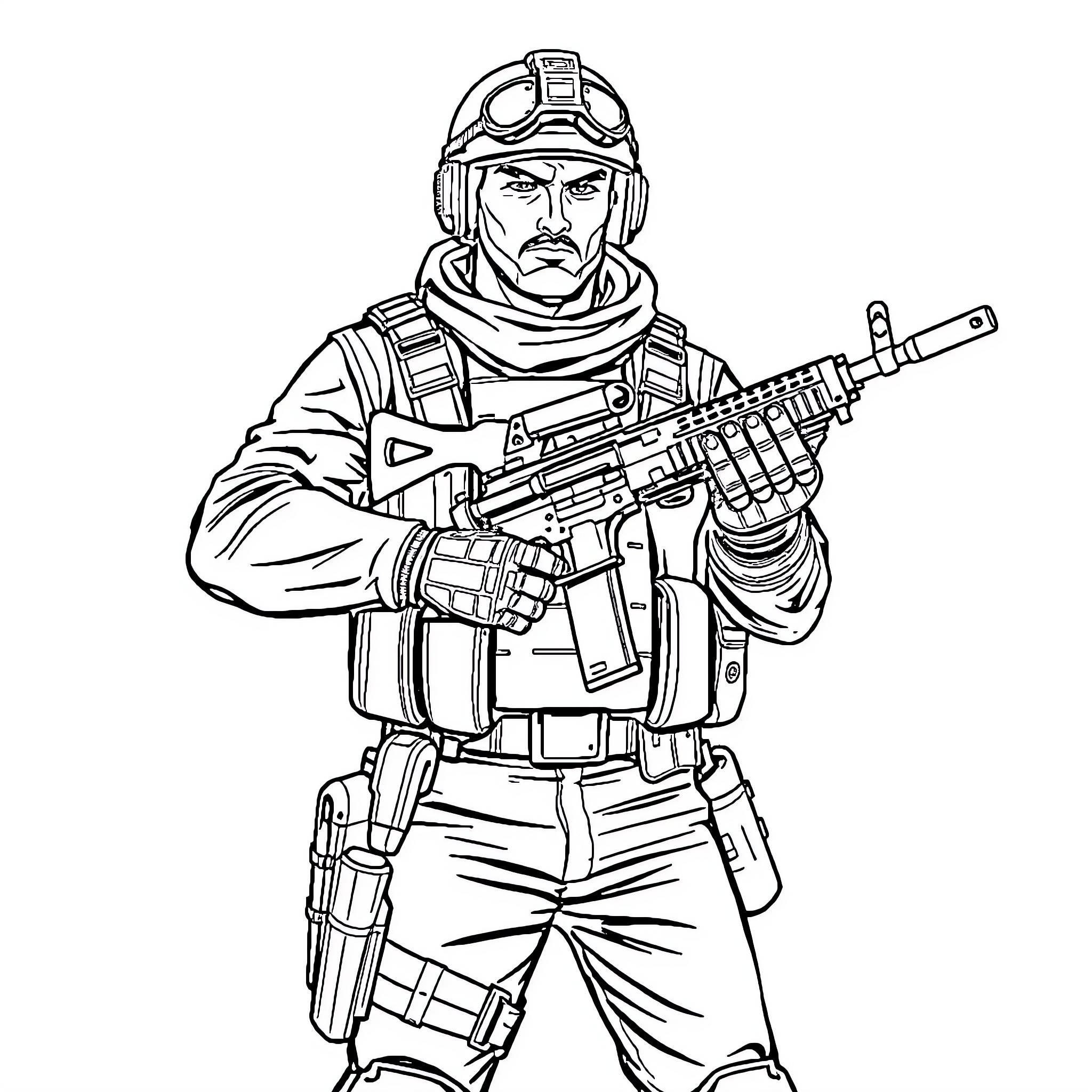 Soldier in combat gear wielding assault rifle Coloring Page (free black-and-white line drawing printable PDF for all, from beginners to advanced learners, including children, teens, adults, and seniors)