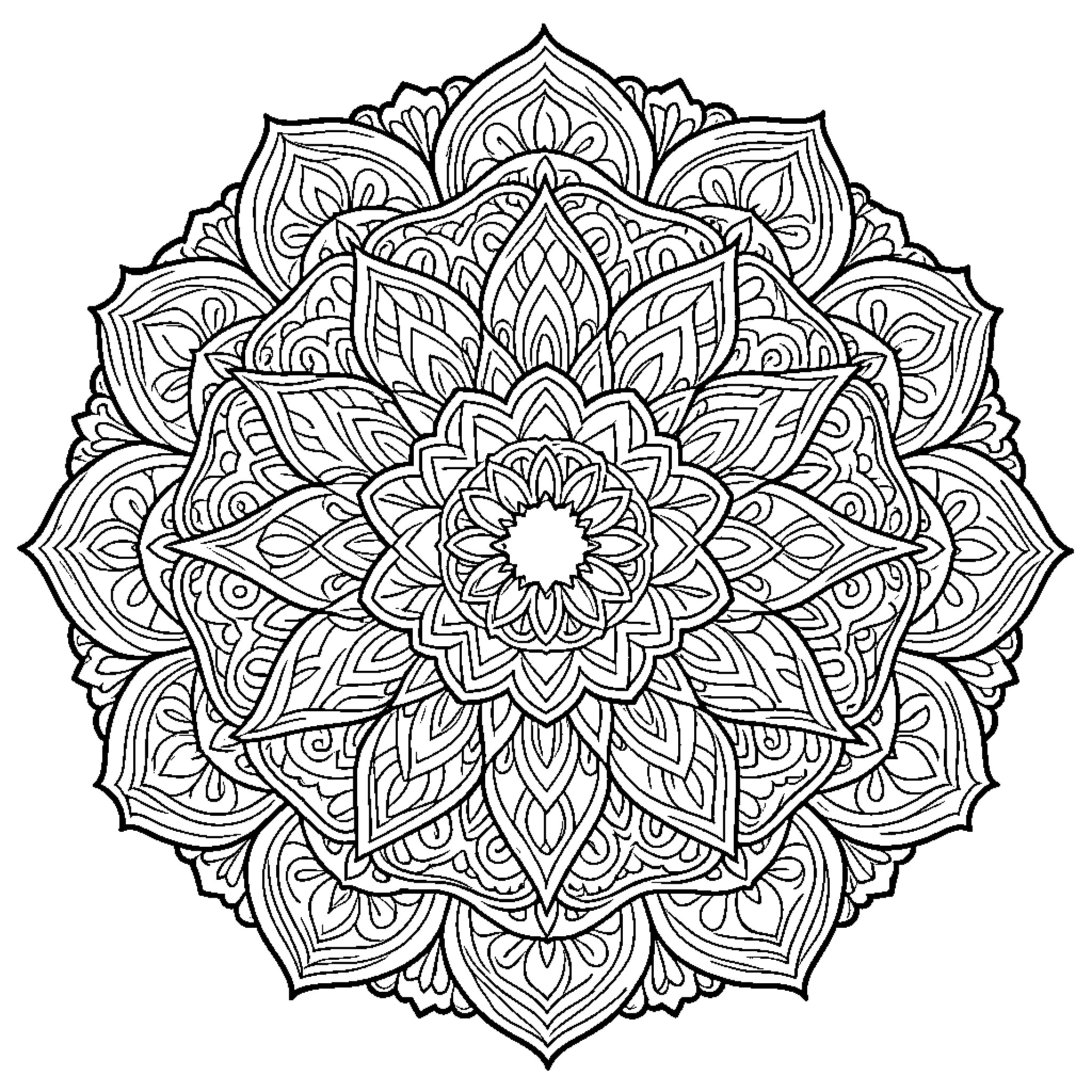 Mandala of Intricate Floral Patterns Coloring Page (free black-and-white line drawing printable PDF for all, from beginners to advanced learners, including children, teens, adults, and seniors)
