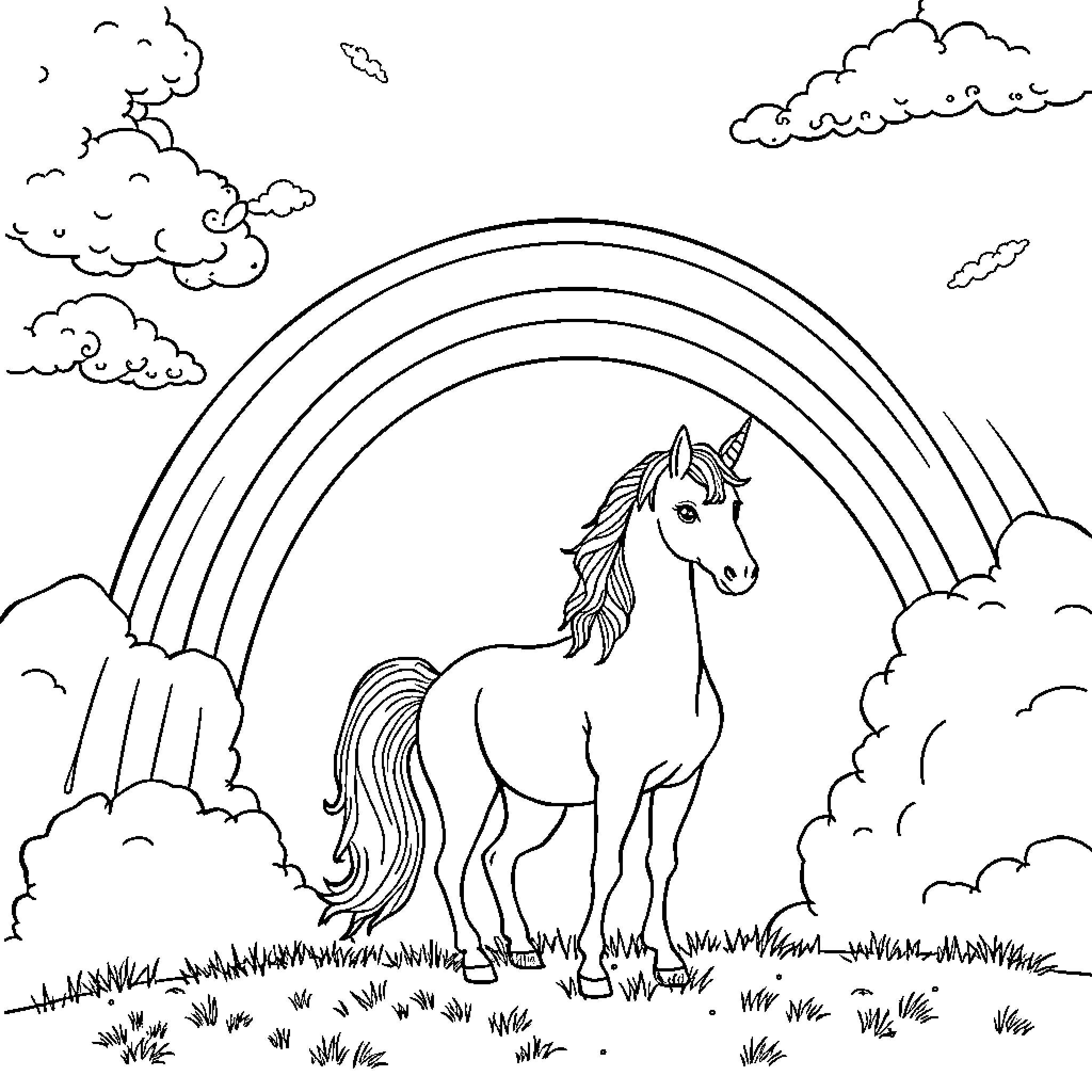Unicorn standing proudly under a vibrant rainbow Coloring Page (free black-and-white line drawing printable PDF for all, from beginners to advanced learners, including children, teens, adults, and seniors)